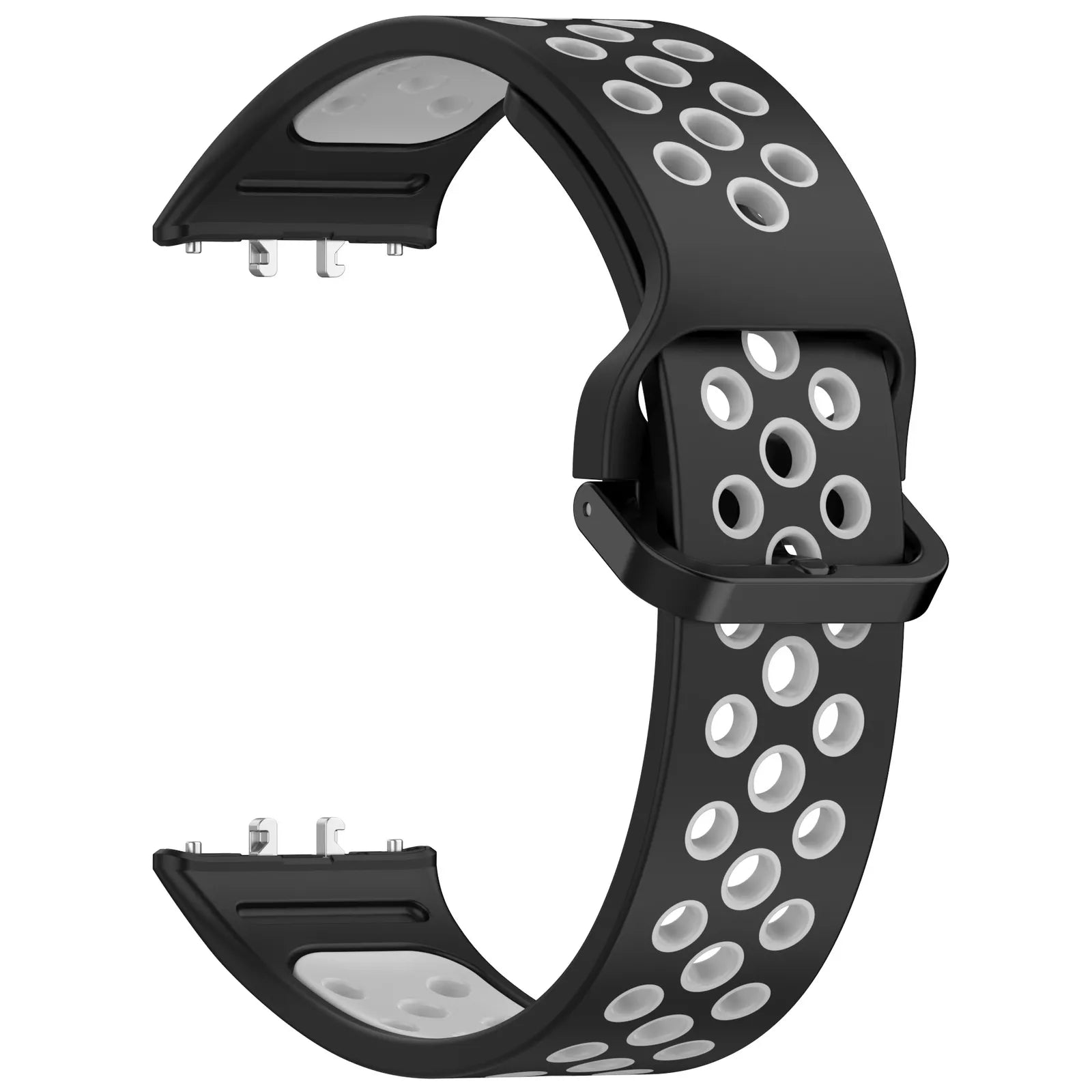 Schwarzes Uhrenarmband mit weißen Löchern und grauem Innenraum. Metallverschlüsse an den Enden. Der Riemen befindet sich auf weißem Hintergrund.