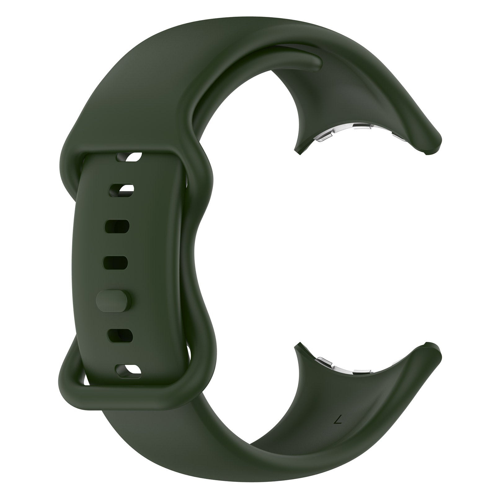 Ein dunkelgrünes Uhrenarmband ist auf weißem Hintergrund isoliert. Es hat eine Schnalle und ein geschwungenes Design.
