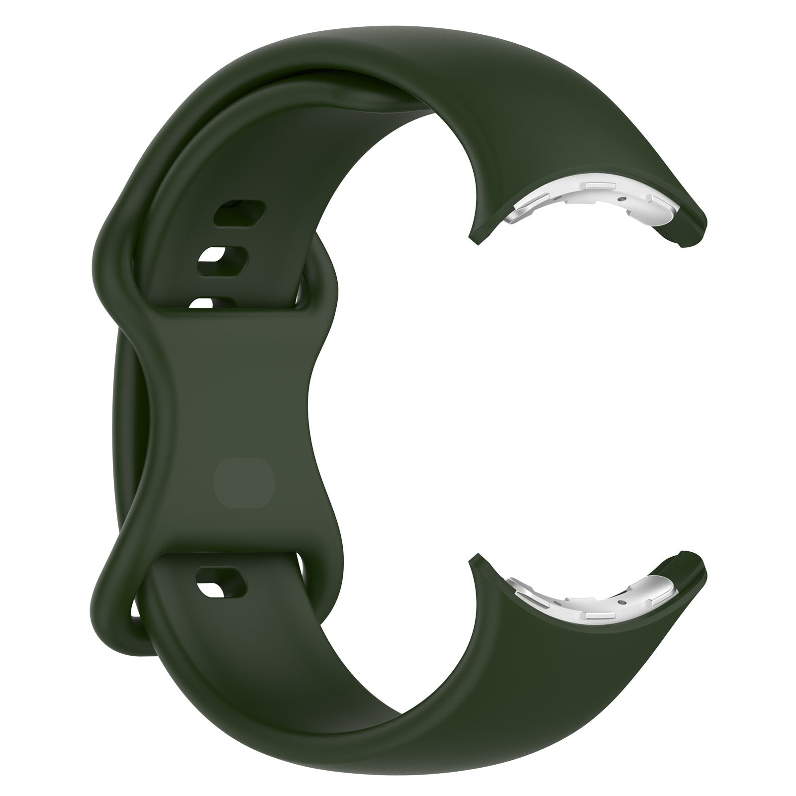 Dunkelgrünes Uhrenarmband mit weißen Metallverbindern, gebogen, auf weißem Hintergrund. Es hat eine C-Form.