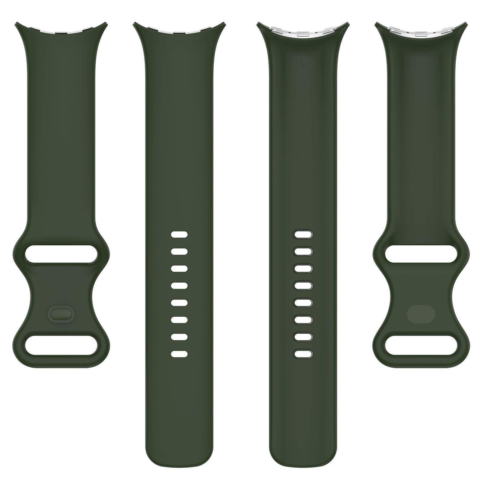 Vier dunkelgrüne Uhrenarmbänder. Zwei haben Löcher, zwei haben einen Verschluss. Alle sind auf weißem Hintergrund.