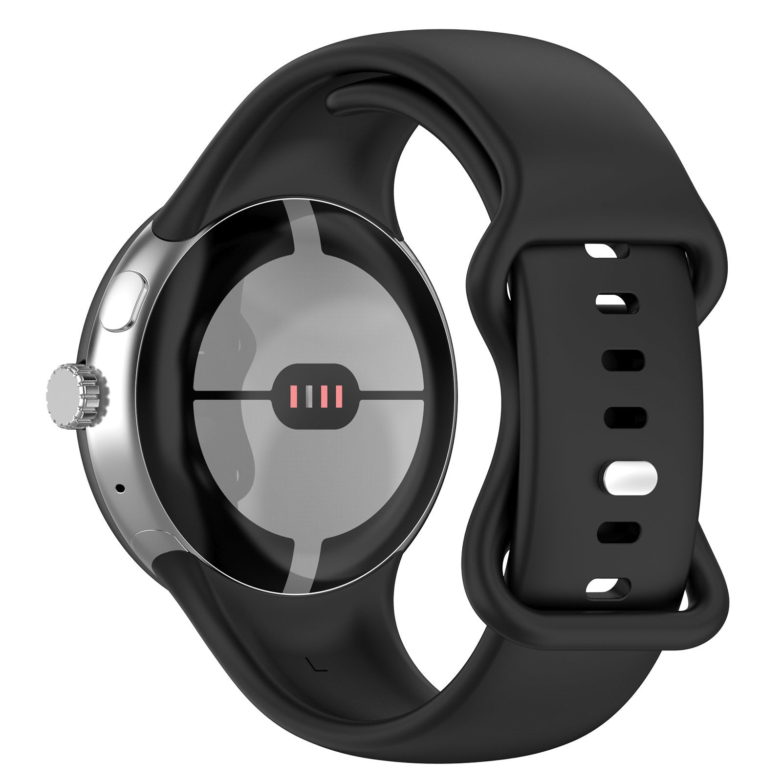 Eine schwarze Smartwatch mit silberner Lünette. Auf der Rückseite befindet sich ein Herzfrequenzsensor mit vier roten Linien.