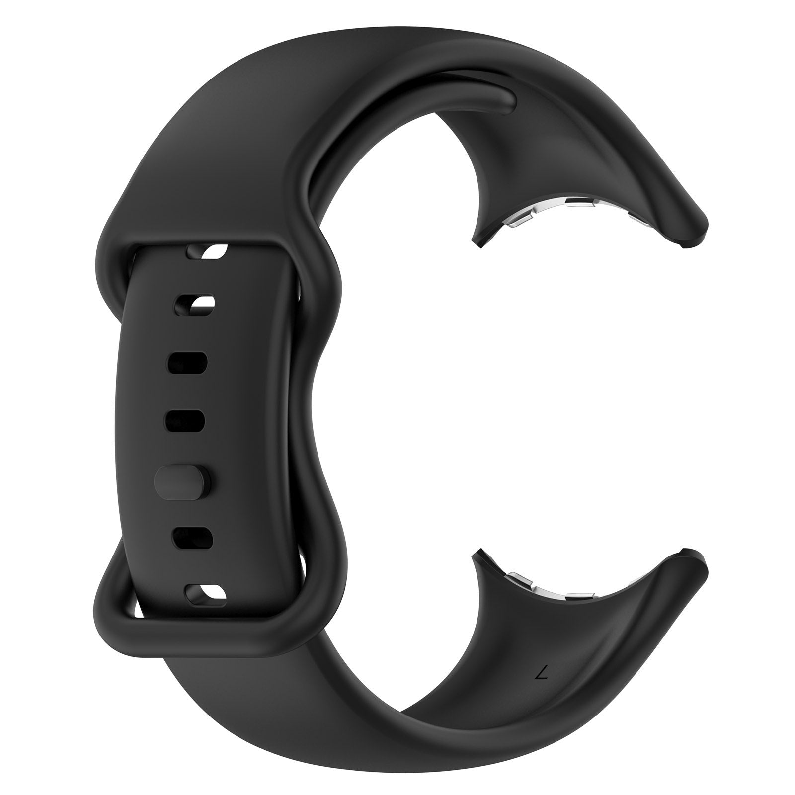 Schwarzes, gebogenes Uhrenarmband. Es hat eine Schnalle mit Löchern und ein gebogenes Design. Der Hintergrund ist weiß.