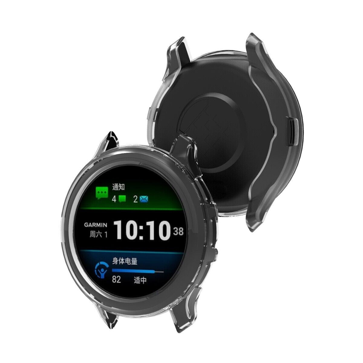 Eine schwarze Garmin-Smartwatch mit Schutzhülle, die Uhrzeit, Benachrichtigungen und den Körperbatteriestatus anzeigt. Die Zeit ist 10:10.