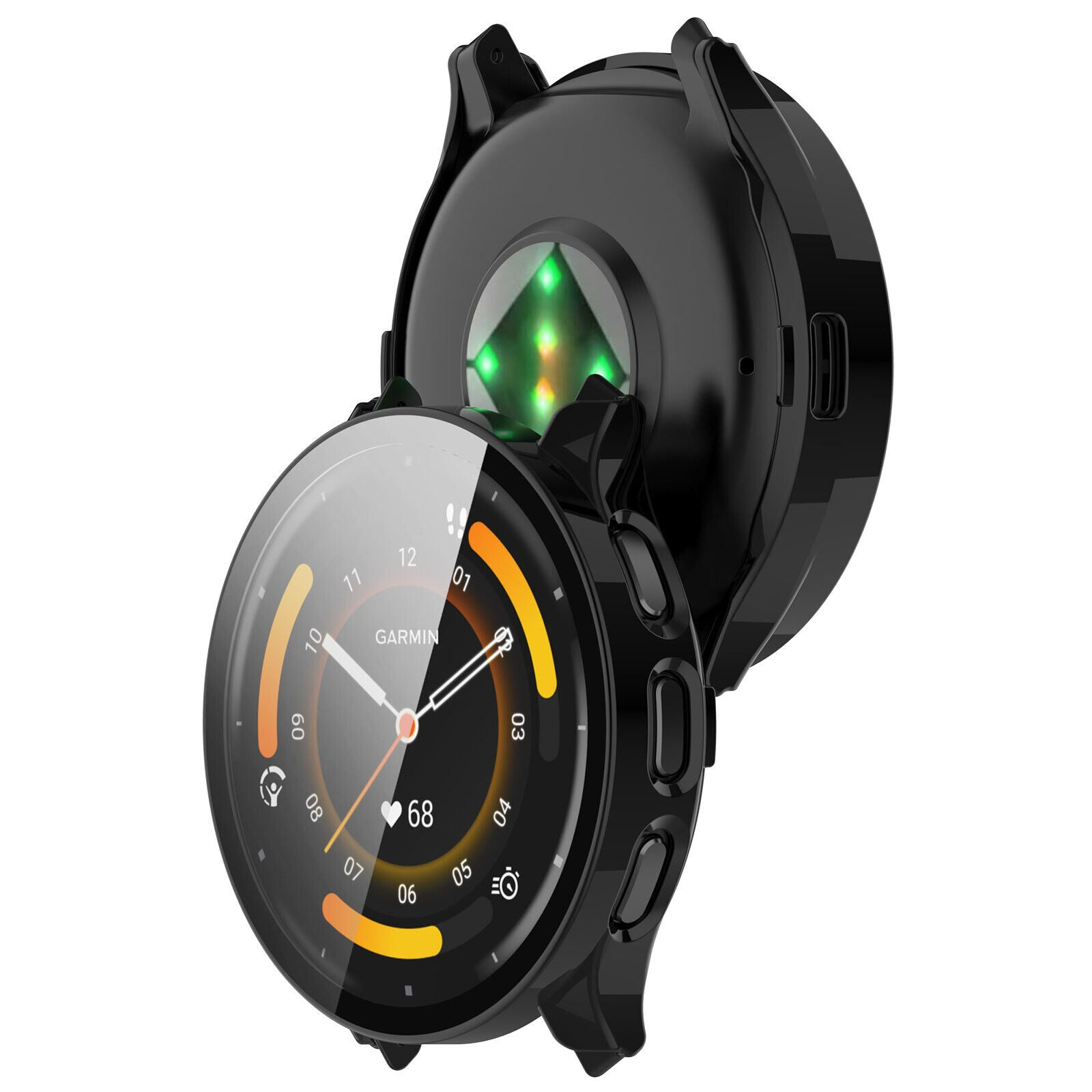 Schwarze Garmin-Smartwatch mit rundem Display, das Zeit und Gesundheitsdaten anzeigt. Die Rückseite hat einen Herzfrequenzsensor.