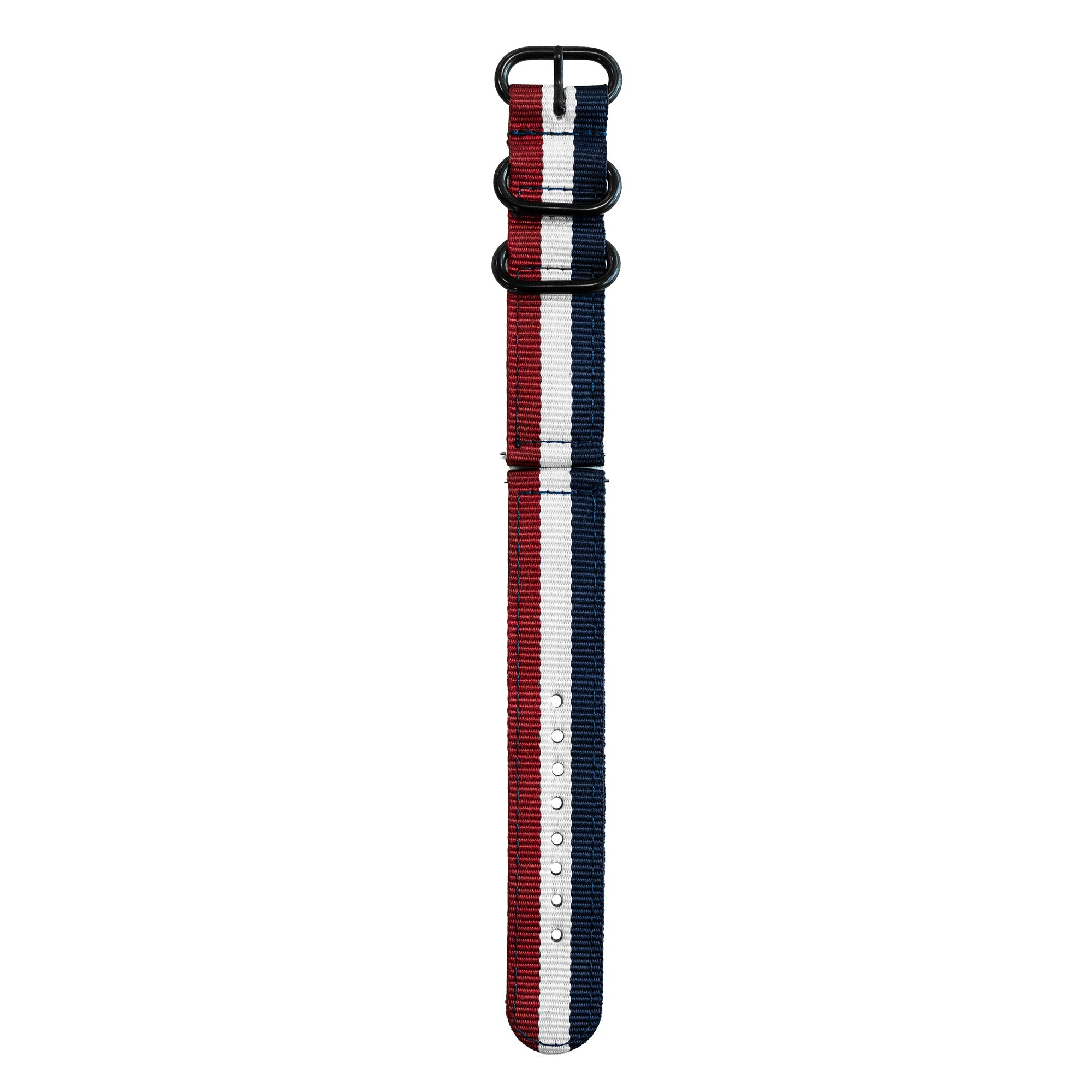 Uhrenarmband mit rot-weiß-blauen Streifen, schwarzen Schnallen und weißem Hintergrund.