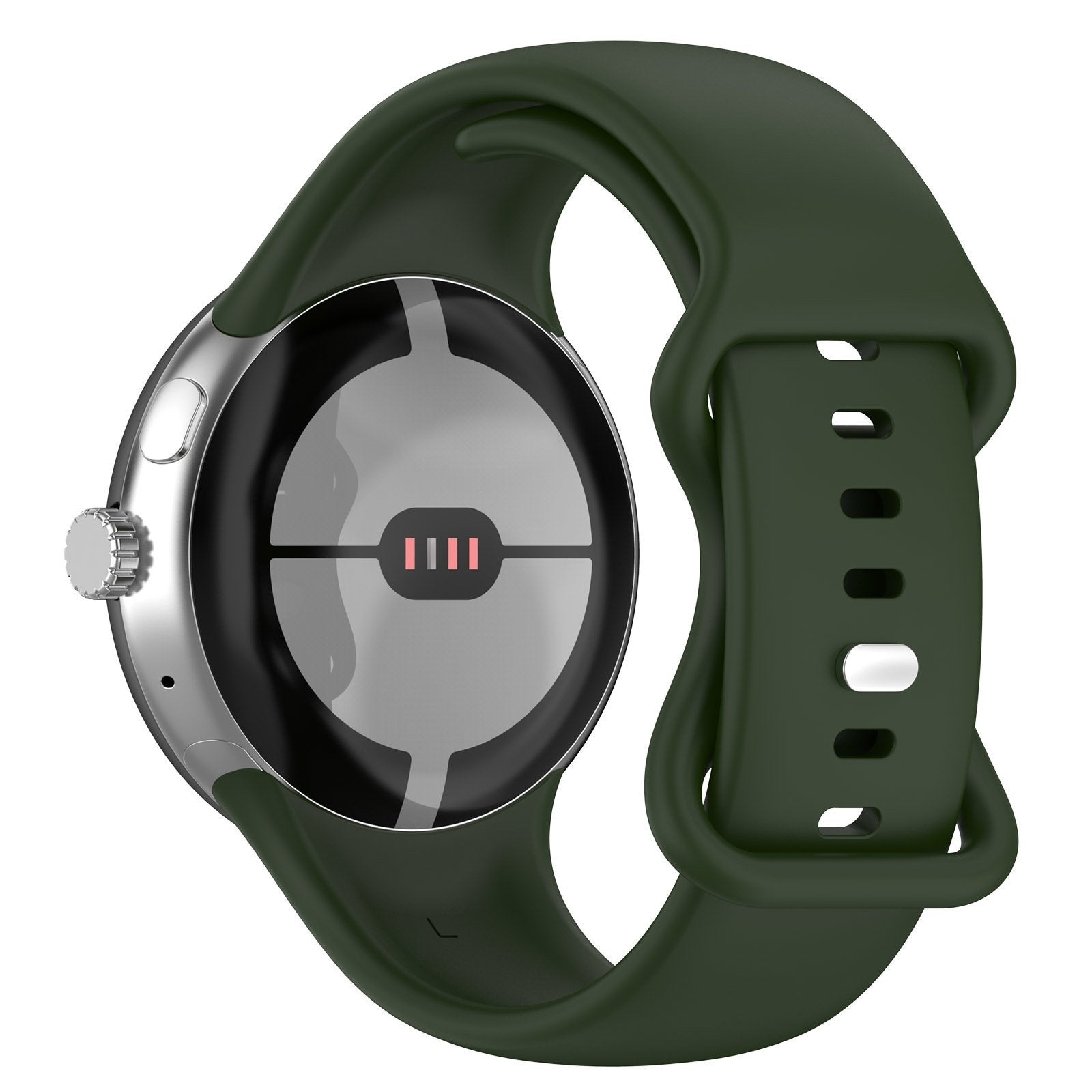 Grüne Smartwatch mit silberner Lünette und passendem Armband. Das Zifferblatt ist schwarz-silber mit roten Linien.