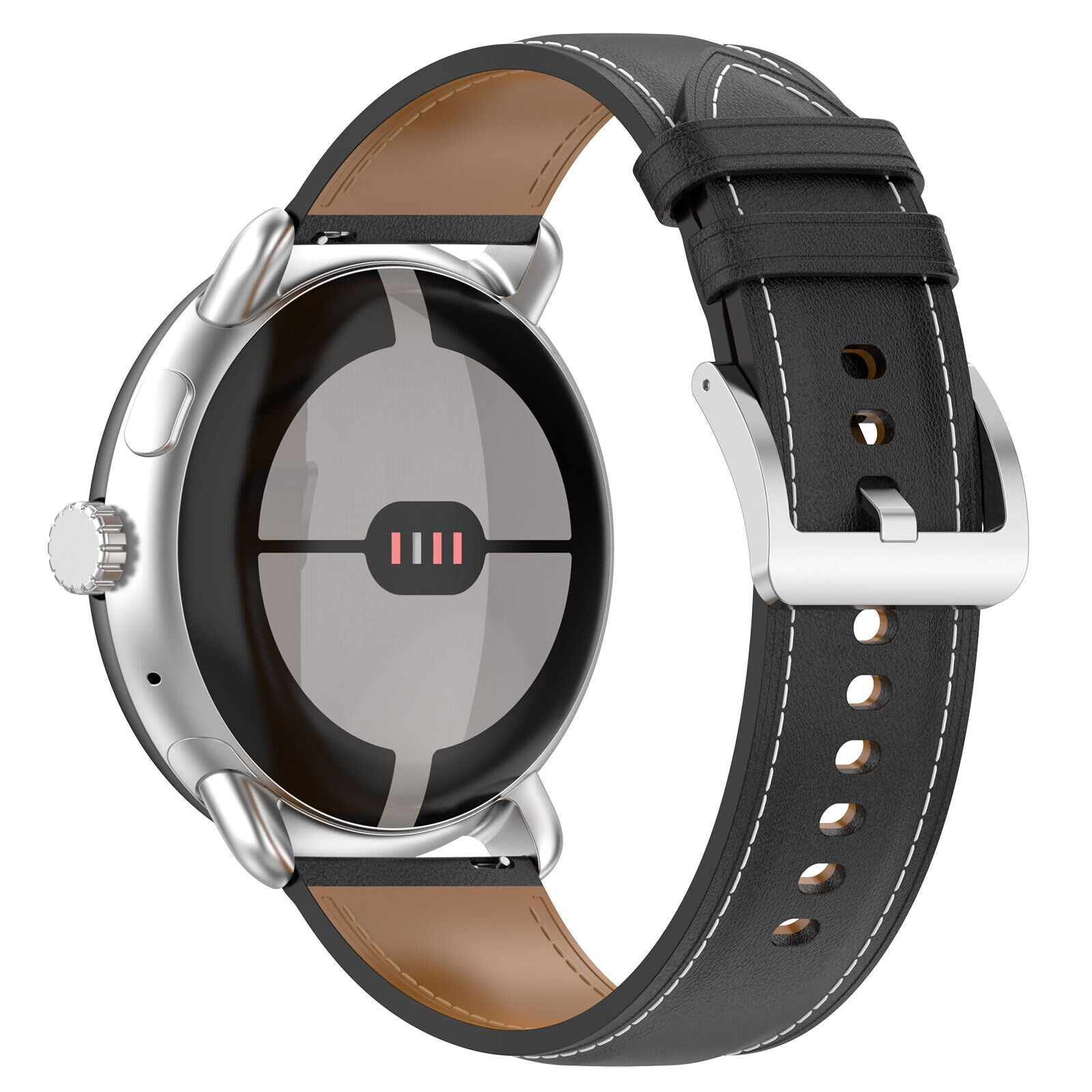 Silberne Smartwatch mit schwarzem Lederarmband und weißen Nähten. Das Zifferblatt ist schwarz und grau.