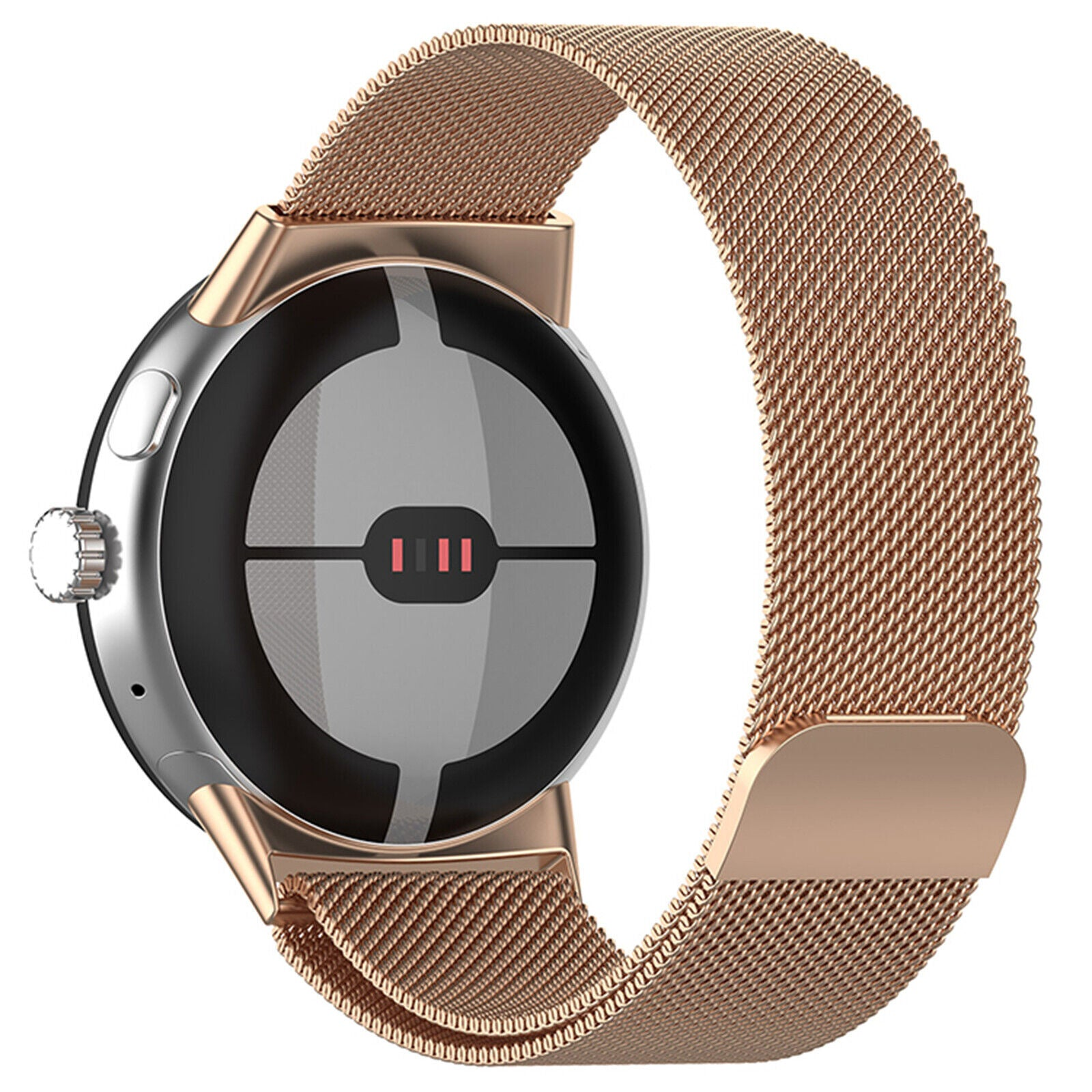 Eine roségoldene Smartwatch mit Mesh-Armband, die das Zifferblatt und die Banddetails vor weißem Hintergrund zeigt.