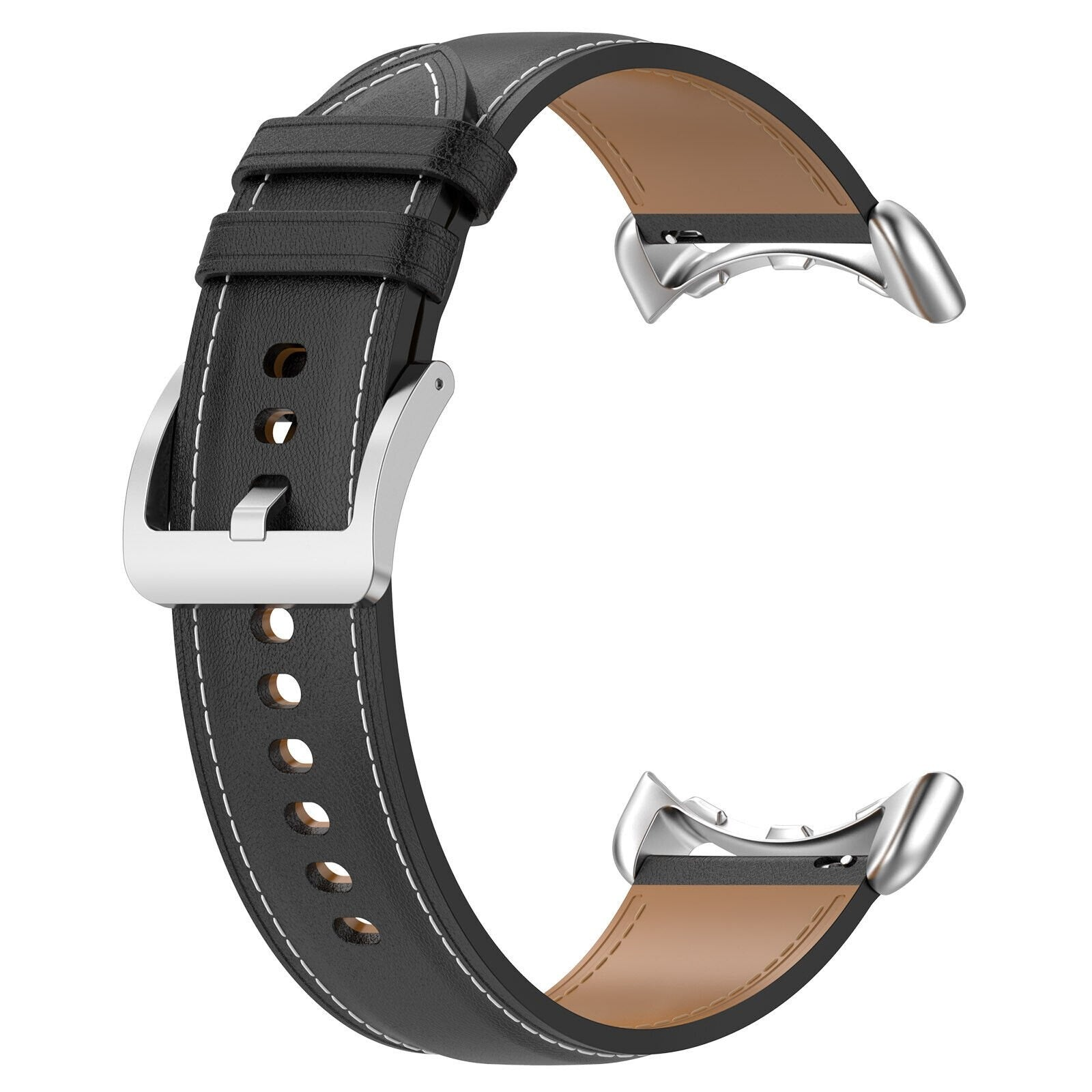 Ein schwarzes Lederarmband mit weißen Nähten und einer silbernen Schnalle. Die Innenseite ist hellbraun. Das Armband ist C-förmig gebogen.