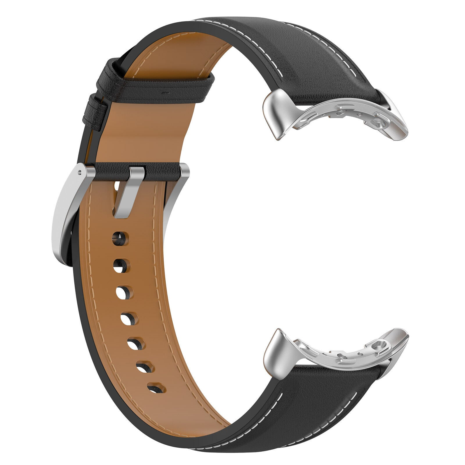 Ein Uhrenarmband mit schwarzem Leder außen und braunem Innenraum. Es hat silberne Metallverbinder und weiße Nähte.