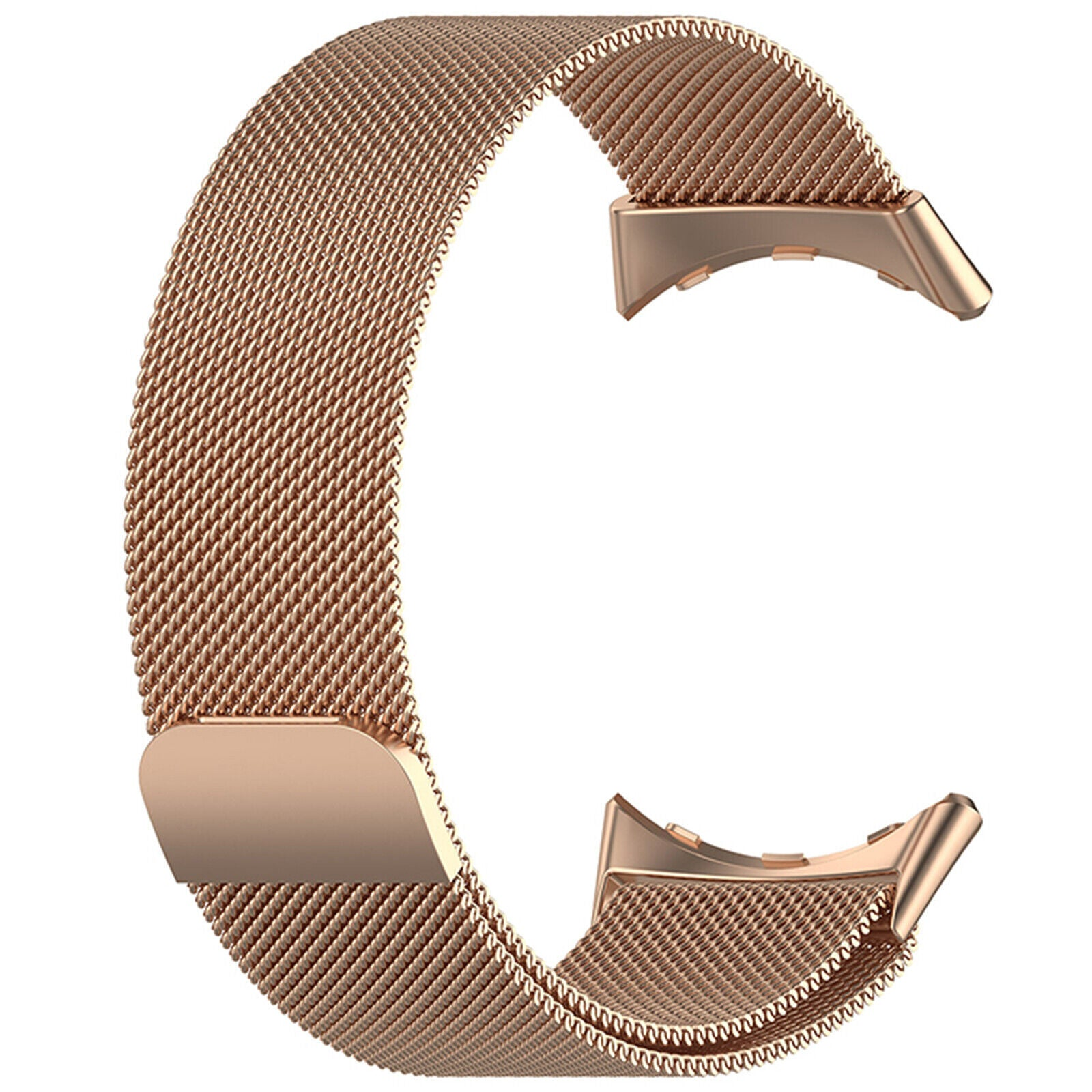 Ein roségoldenes Uhrenarmband im Mesh-Stil mit zwei Anschlüssen. Es hat ein glänzendes Metallic-Finish.