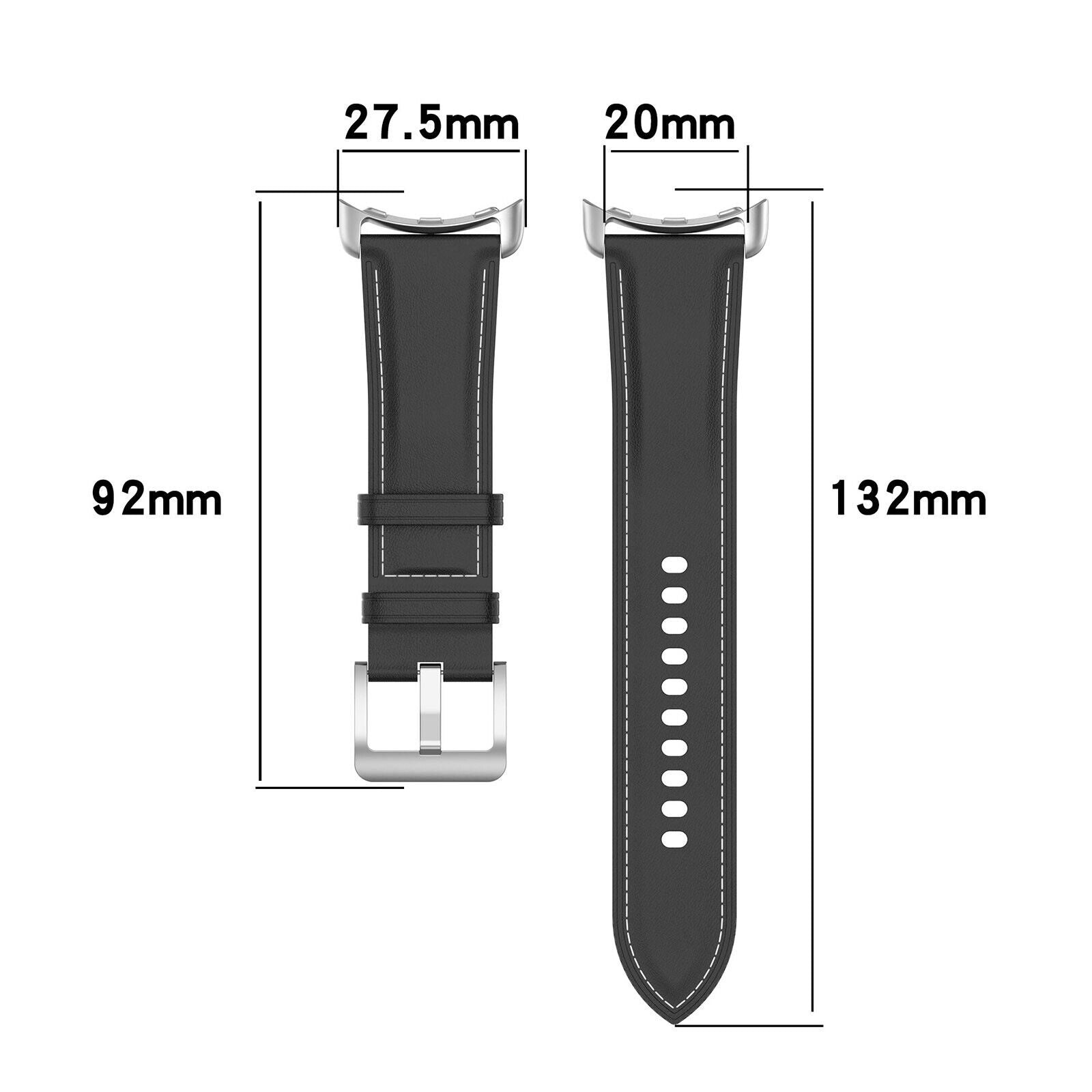 Schwarzes Uhrenarmband mit weißen Nähten und silberner Schnalle. Maße: 27,5 mm, 20 mm, 92 mm und 132 mm.