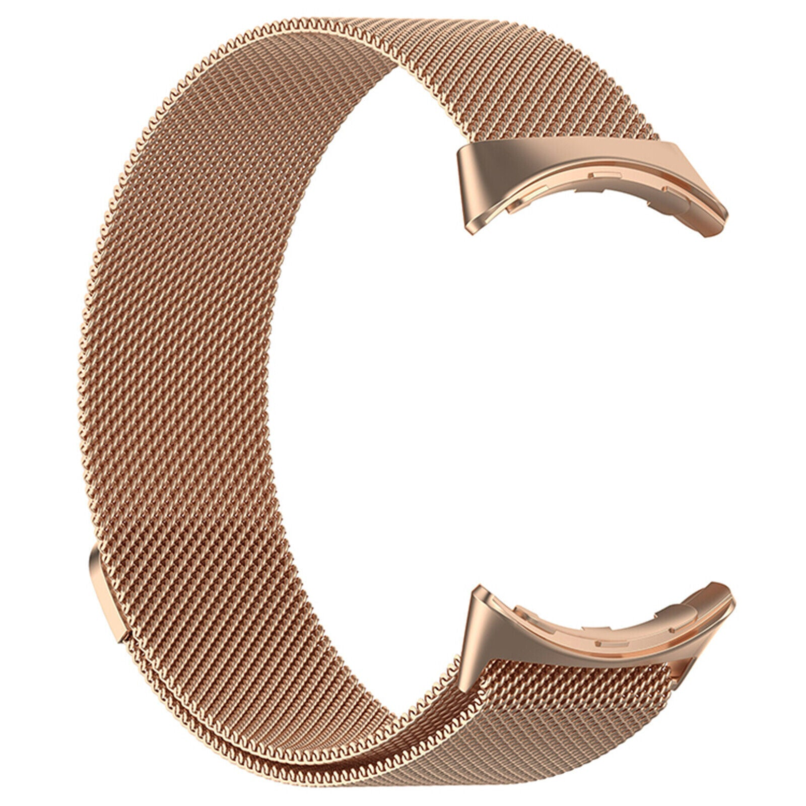 Ein roségoldenes Armband. Das Armband besteht aus einem Mesh-Material. Die Enden des Armbands sind gebogen und haben einen Verschluss.