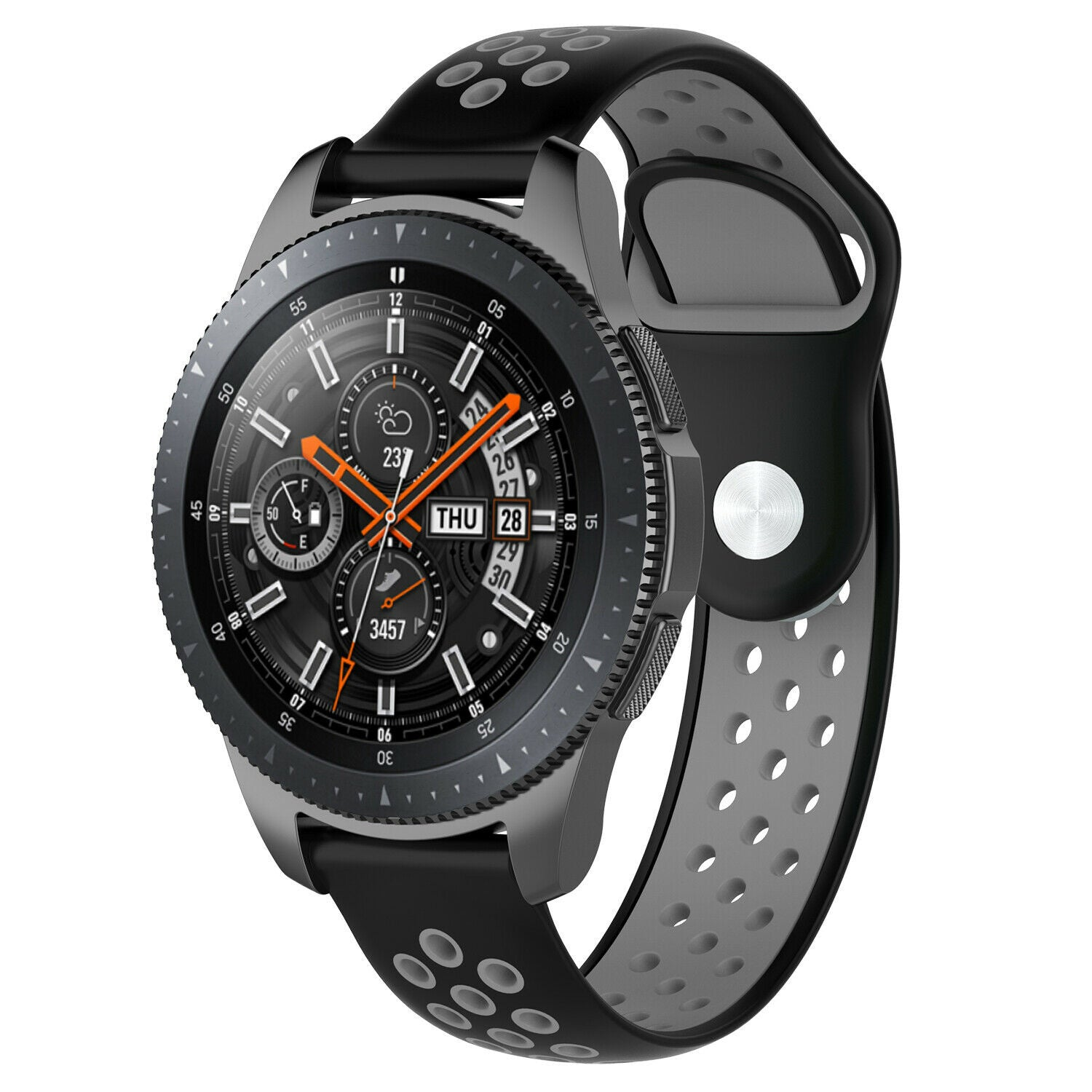 Eine Smartwatch mit einem schwarz-grauen Armband. Das Zifferblatt zeigt Zeit, Datum und Fitnessdaten. Das Band hat runde Löcher.