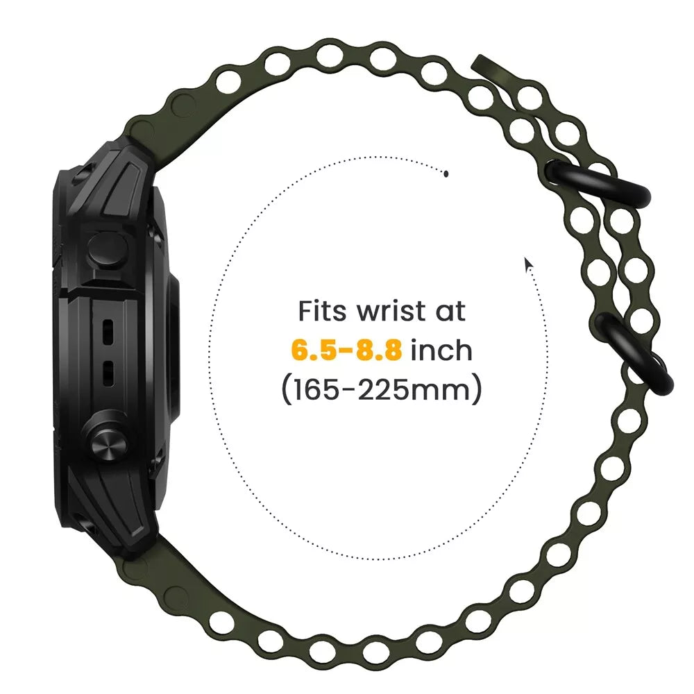 Schwarze Smartwatch mit grünem Armband. Text: 'Passend für Handgelenke von 6,5-8,8 Zoll (165-225 mm)'. Weißer Hintergrund.