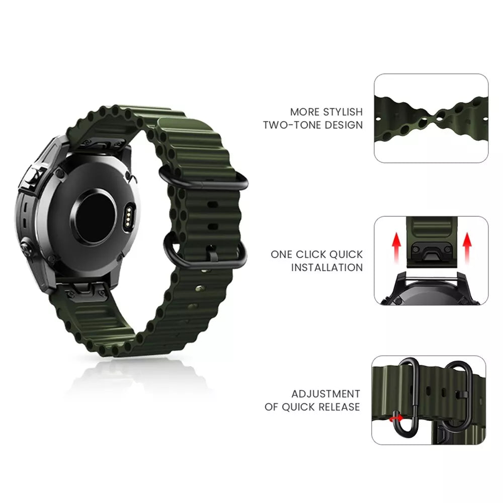 Eine Smartwatch mit grünem Armband wird angezeigt. Zusätzliche Bilder zeigen Design, Schnellinstallation und Schnellverschluss.
