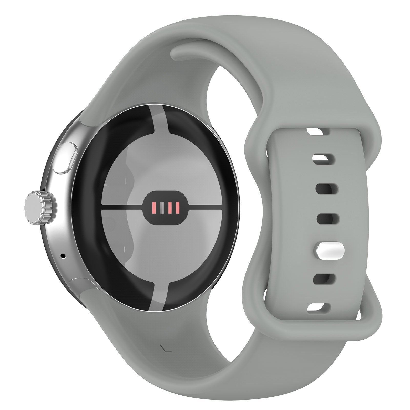 Nahaufnahme einer grauen Smartwatch. Es hat ein kreisförmiges Zifferblatt mit schwarzem Rahmen und ein graues Band mit Löchern.