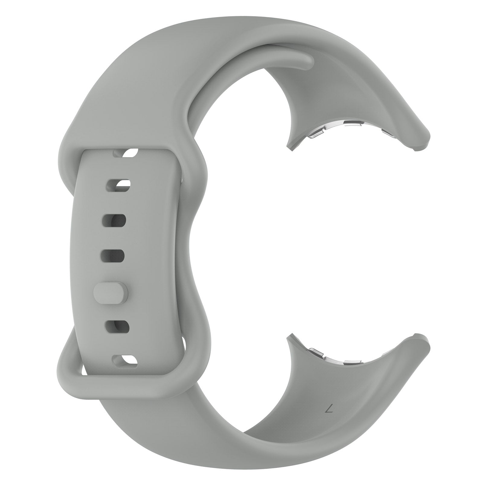 Ein hellgraues Smartwatch-Armband. Das Armband ist gebogen und hat eine Schnalle und mehrere Löcher. Der Hintergrund ist weiß.