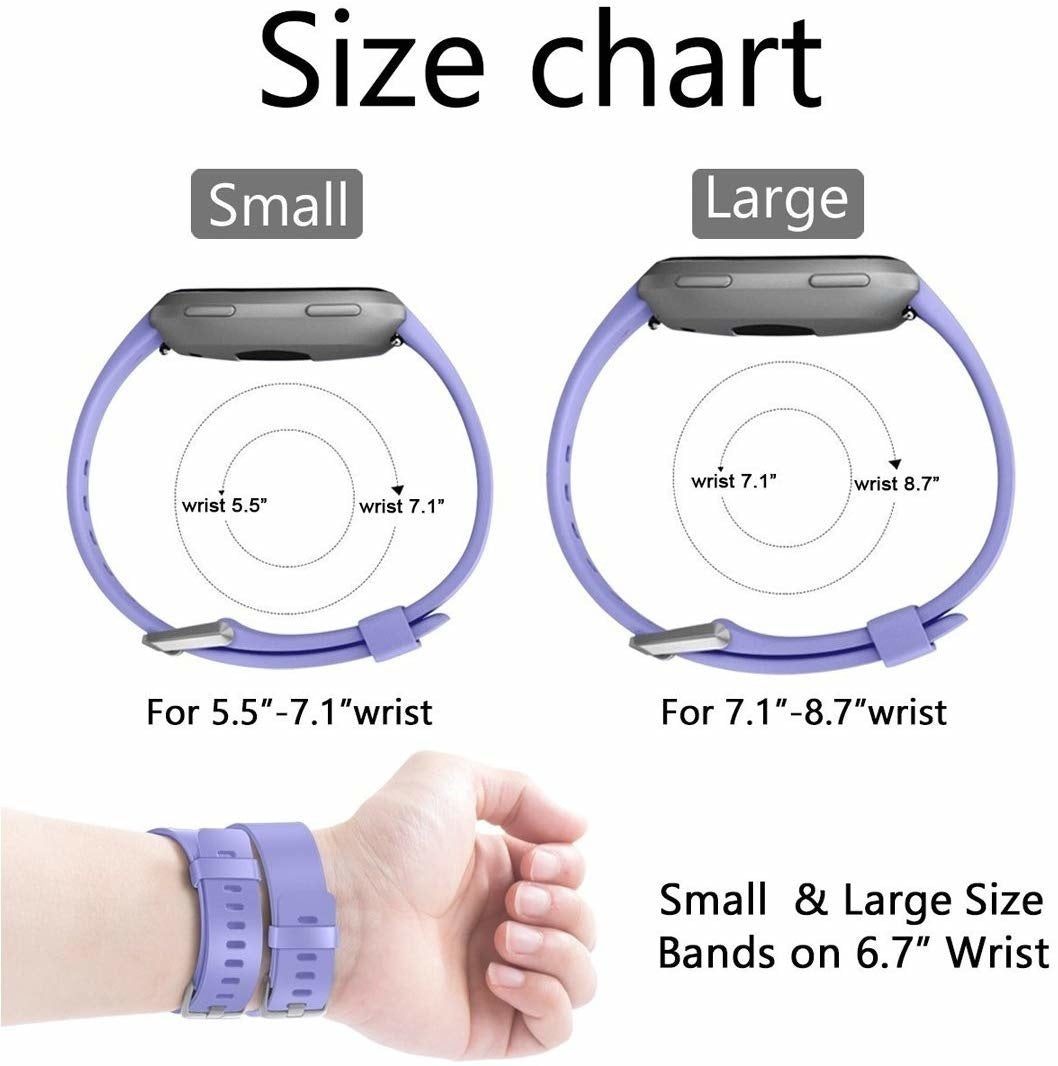 Größentabelle zeigt kleine und große Armbänder. Klein passt für 5,5"-7,1" Handgelenk, groß für 7,1"-8,7". Bänder sind auf einem 6,7" Handgelenk gezeigt.