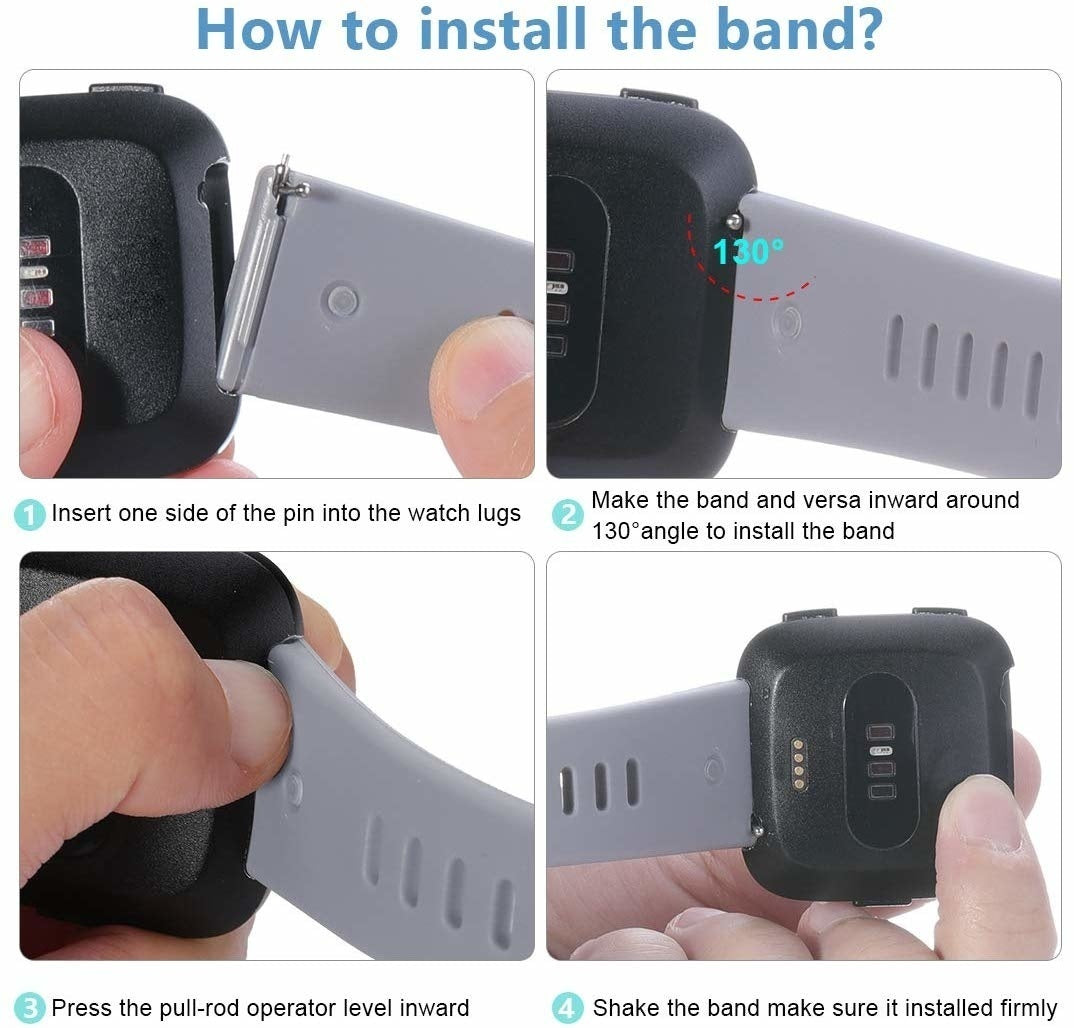Schritt-für-Schritt-Anleitung zur Installation eines Uhrenarmbands. Bilder zeigen den Prozess der Befestigung des Armbands am Uhrengehäuse.