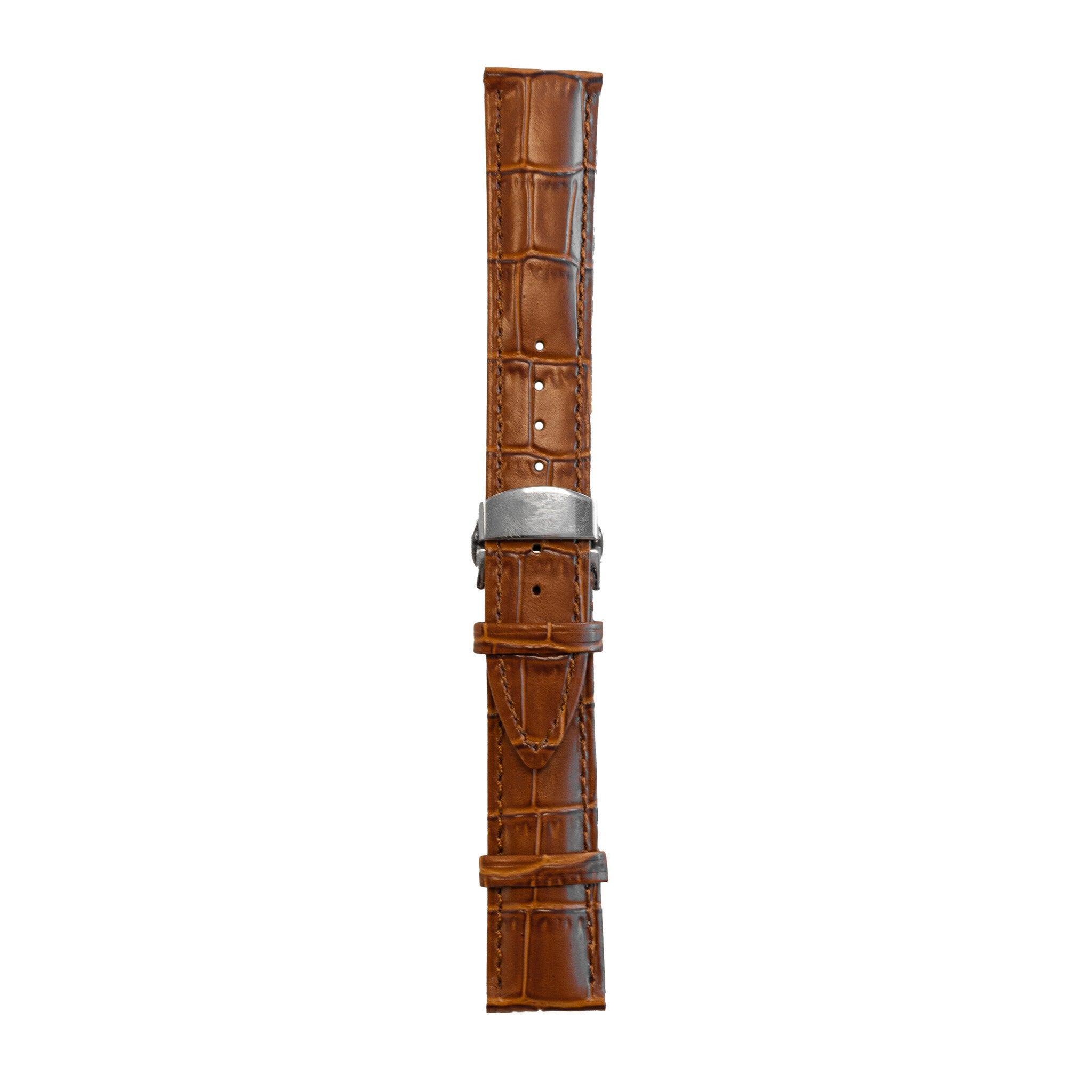 Ein braunes Leder-Uhrenarmband mit Krokodilmuster und silberner Schließe ist auf weißem Hintergrund isoliert.
