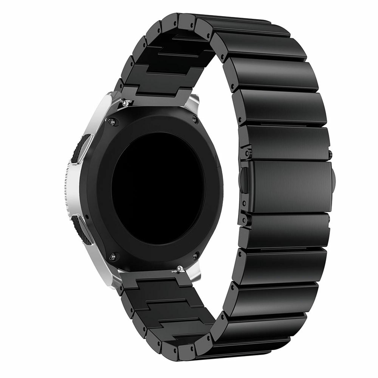 Eine schwarze Smartwatch mit einem schwarzen Metallarmband. Das Zifferblatt ist schwarz und rund. Das Armband ist gebogen und verbunden.