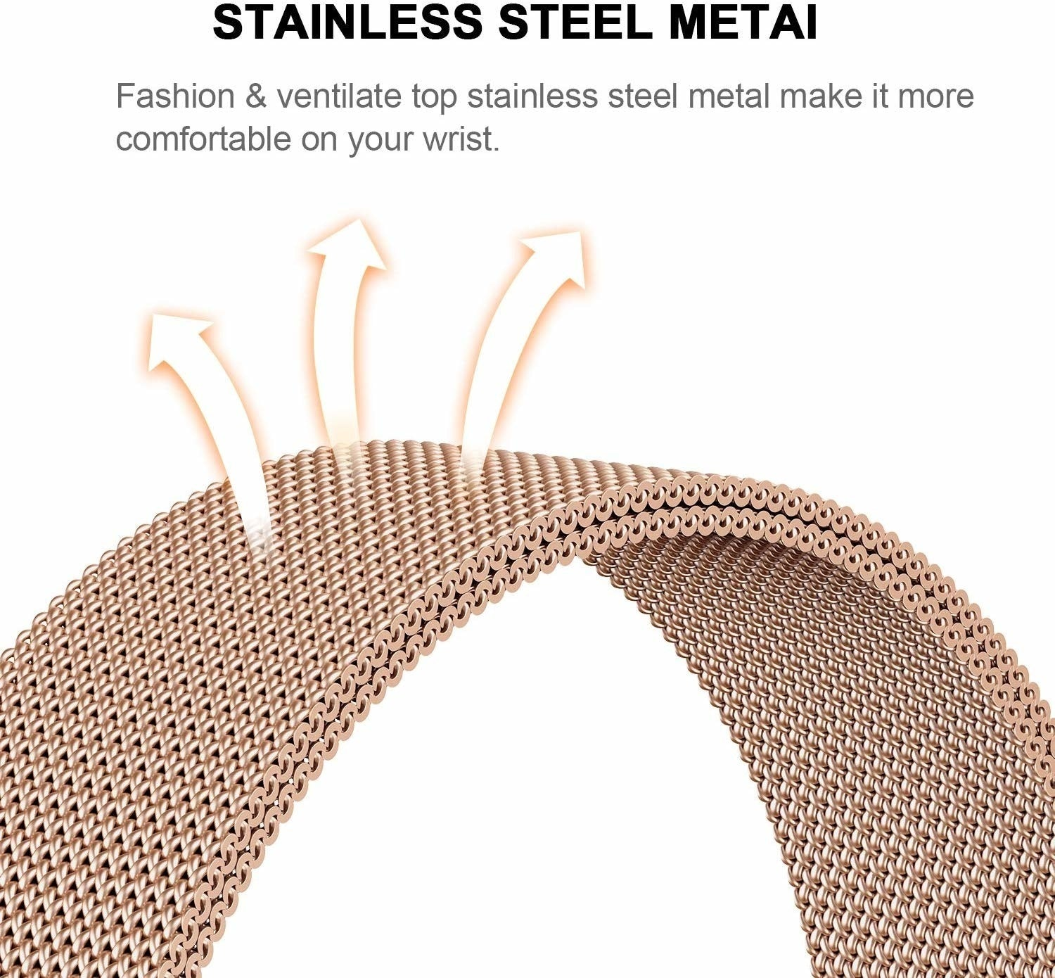 Nahaufnahme eines roségoldenen Metall-Armbands mit Luftstrompfeilen. Text: Edelstahl Metall. Mode & Belüftung Top Edelstahl.