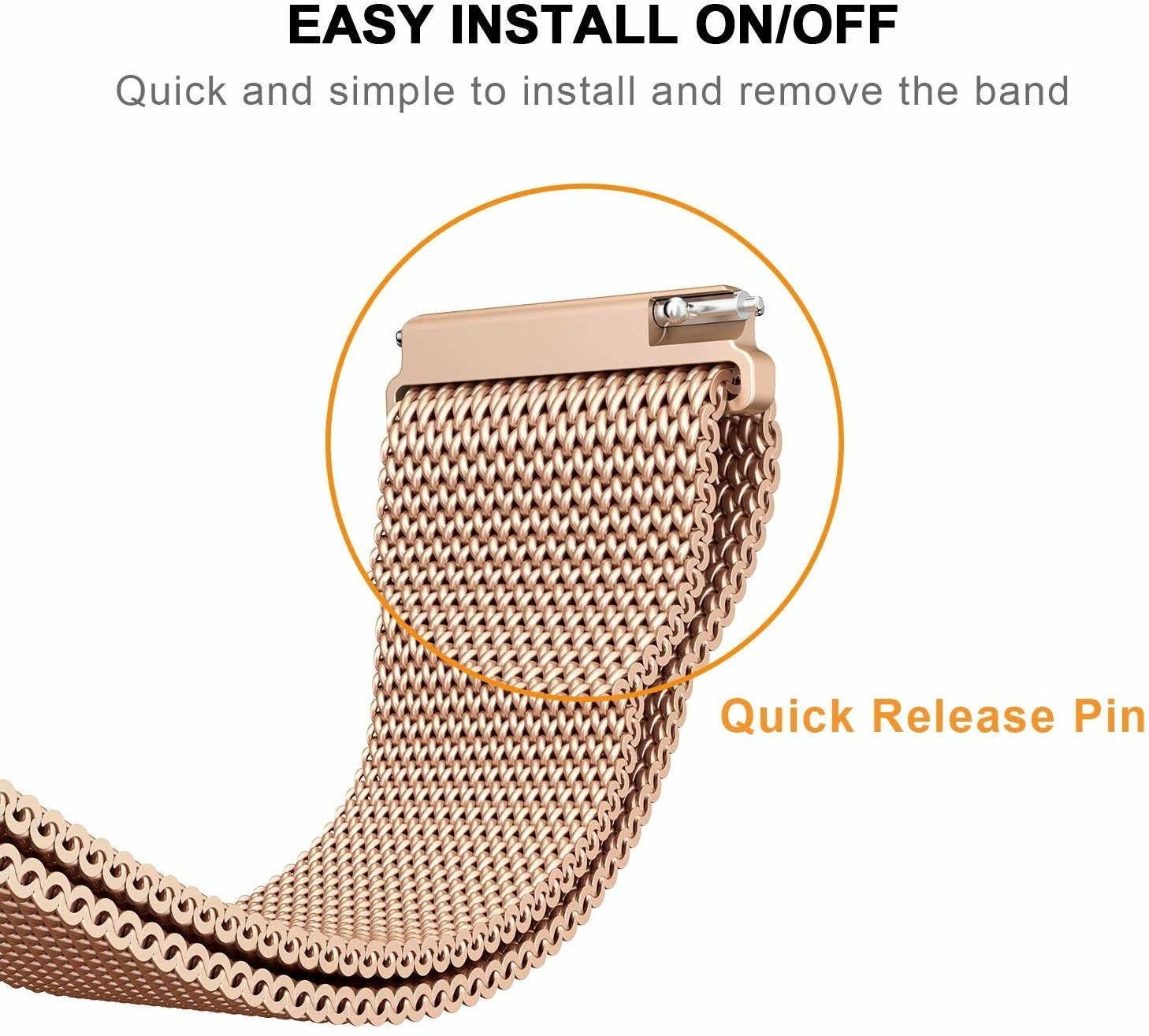 Nahaufnahme eines roségoldenen Uhrenarmbands. Das Band besteht aus einem Mesh-Material. Der Text lautet 'Easy Install On/Off' und 'Quick Release Pin'.