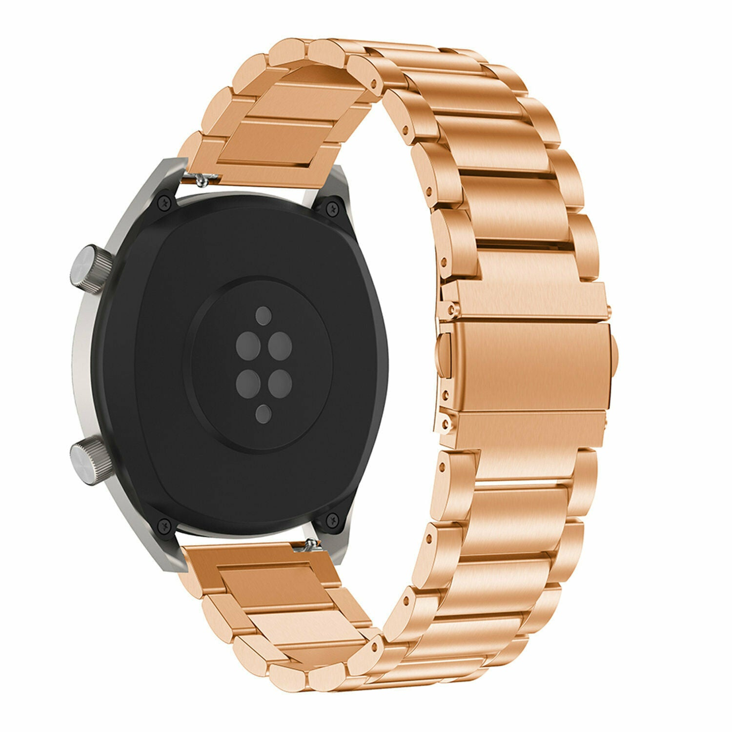 Eine roségoldene Smartwatch mit passendem Metallarmband. Die Rückseite der Uhr ist schwarz, das Band ist verbunden. Weißer Hintergrund.