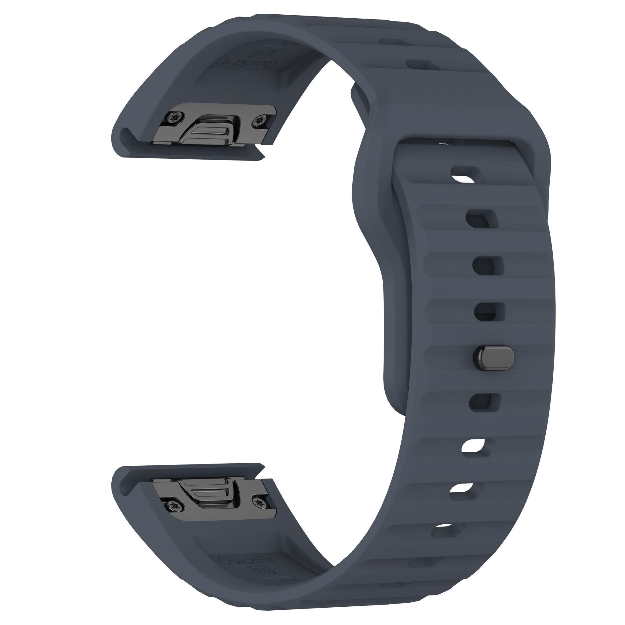 Ein blaues Uhrenarmband mit Metallverschluss und gerippter Textur, mit mehreren Löchern zur Anpassung.