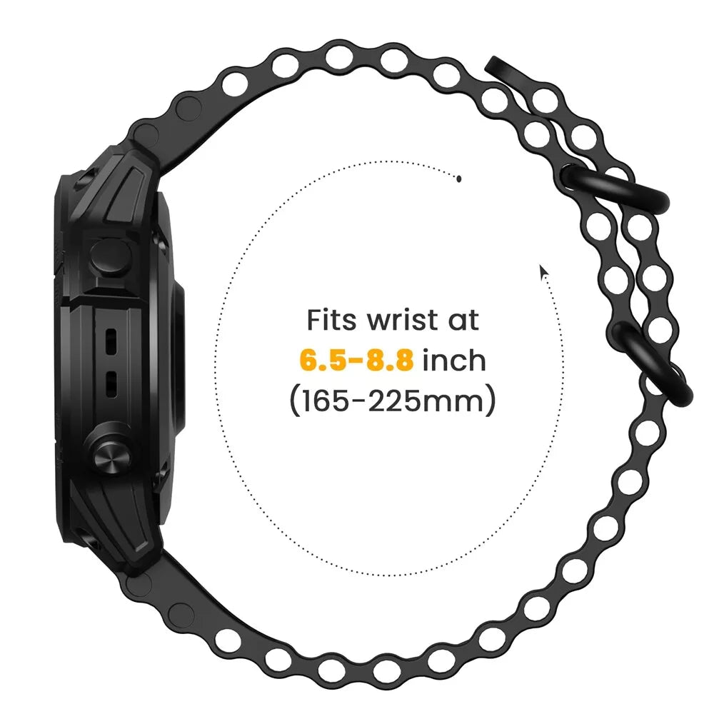 Schwarze Smartwatch mit Kettenarmband. Text weist auf Handgelenke von 6,5-8,8 Zoll (165-225 mm) hin. Der Hintergrund ist weiß.