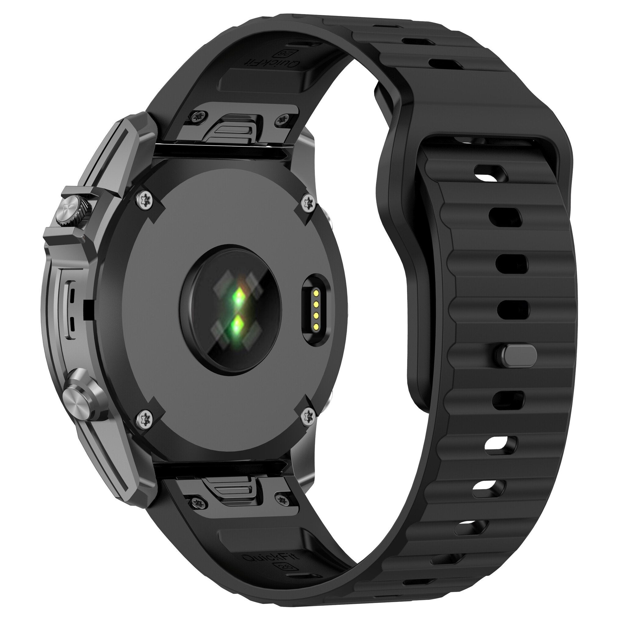 Schwarze Smartwatch mit grauem Metallgehäuse. Schwarzes Armband mit gerippter Textur. Herzfrequenzsensor auf der Rückseite.