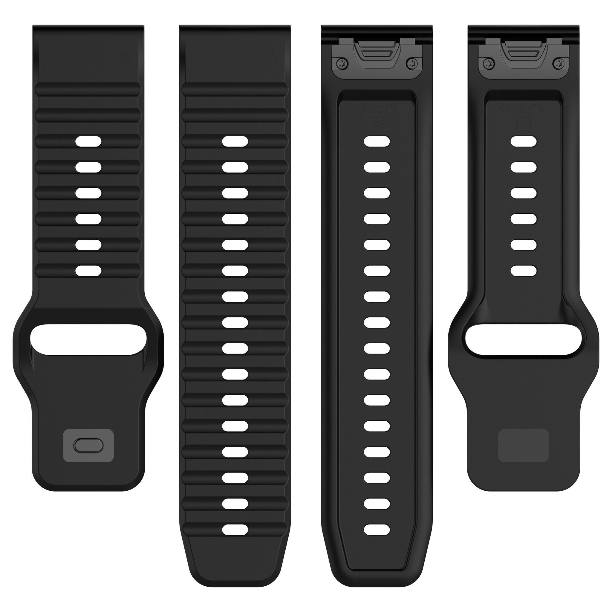 Vier schwarze Uhrenarmbänder. Jedes Armband hat Löcher zur Anpassung und eine Schnalle. Zwei Armbänder haben ein QuickFit-Etikett.
