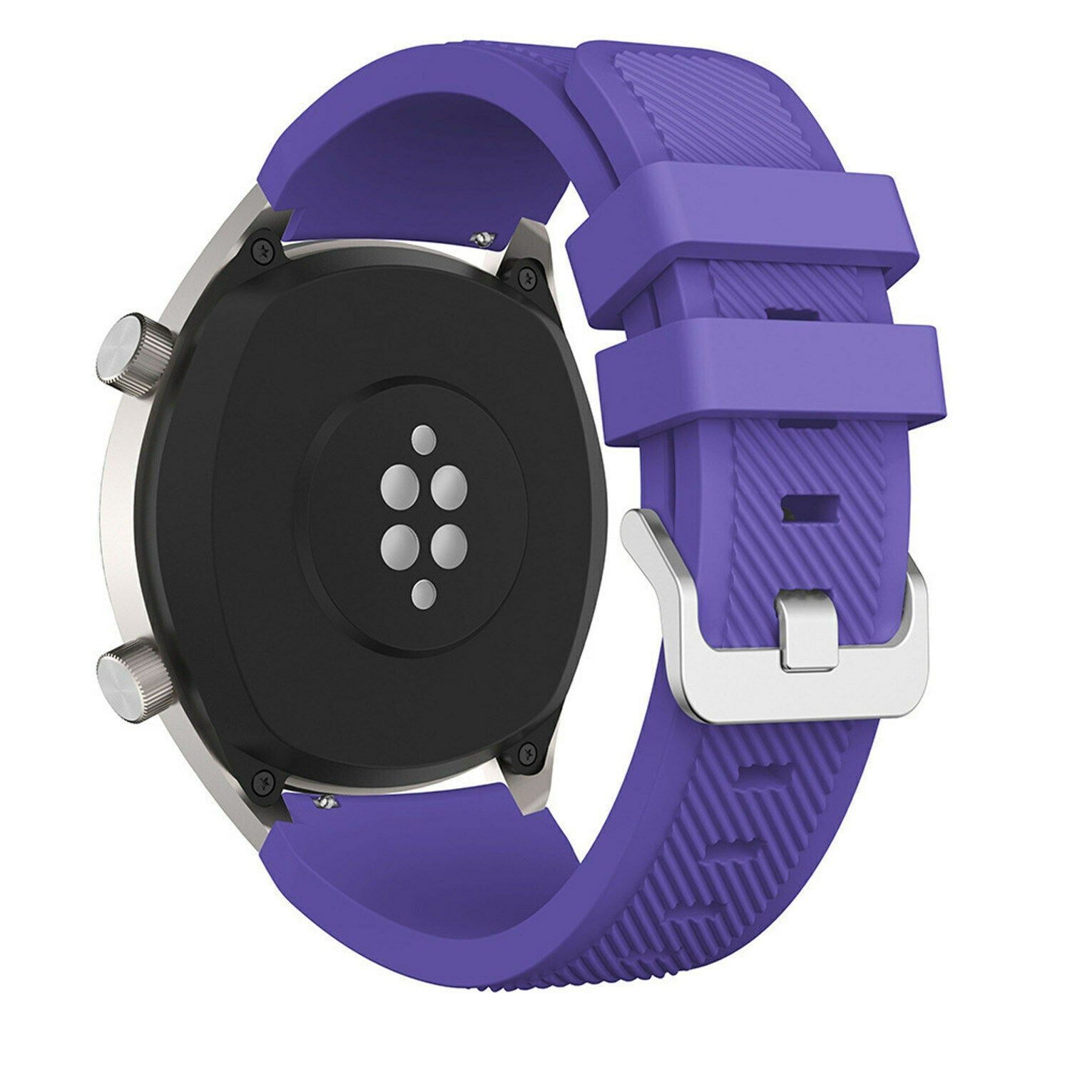 Gezeigt wird eine Smartwatch mit lila Armband. Die Rückseite der Uhr ist schwarz mit Sensoren, das Armband hat eine silberne Schnalle.