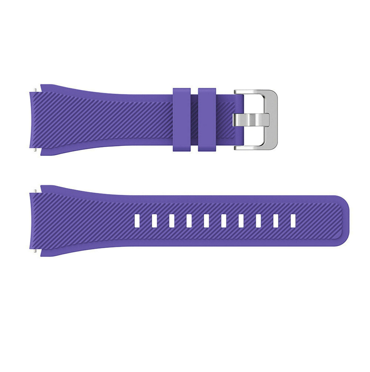 Ein lilafarbenes Uhrenarmband mit silberner Schnalle wird angezeigt. Das Armband ist zweiteilig, oben mit Löchern und einer Schnalle, unten massiv.