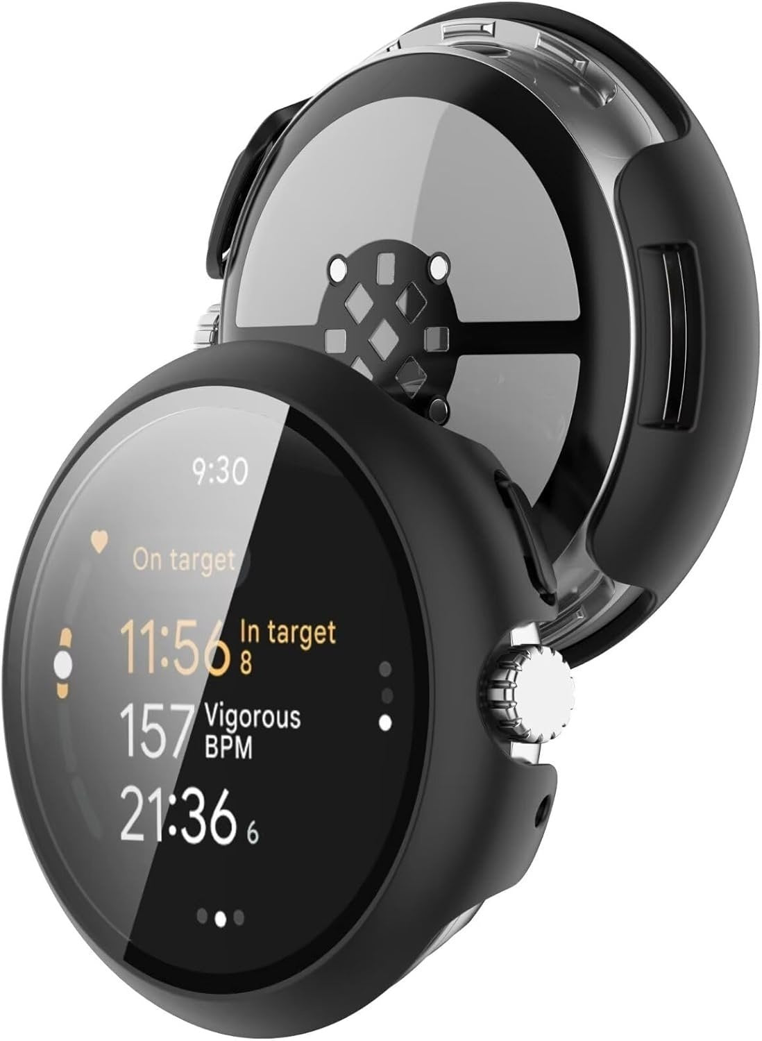 Zwei schwarze Smartwatches, eine vorne, die Zeit, Herzfrequenz und Aktivitätsstatistiken anzeigt. Die Hintergrunduhr ist teilweise sichtbar.