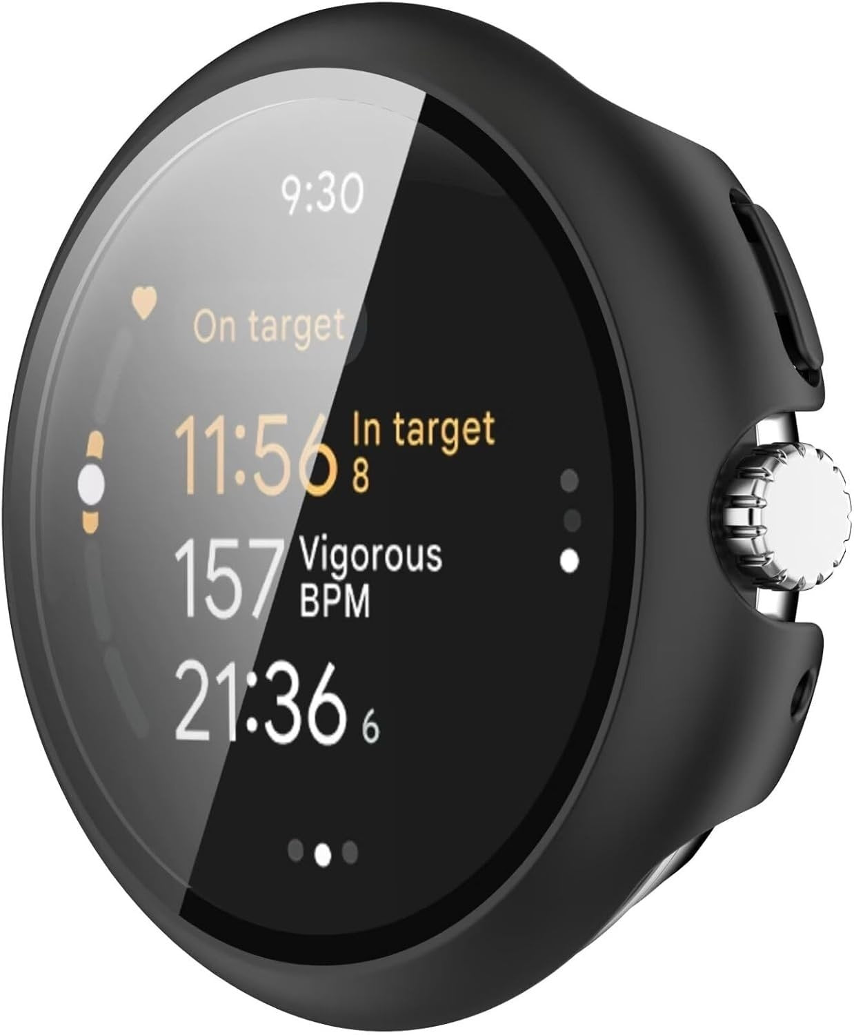 Eine schwarze Smartwatch zeigt Fitnessdaten an, darunter Zeit, Herzfrequenz und Trainingsstatistiken. Der Bildschirm zeigt 9:30, 11:56, 157 BPM und 21:36.