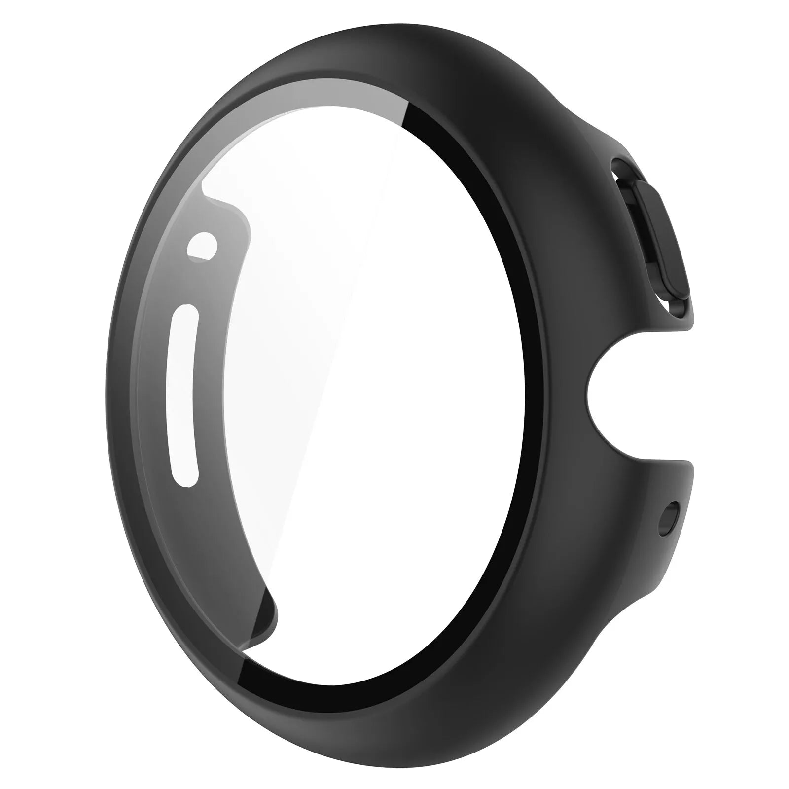 Schwarzes Smartwatch-Gehäuse mit klarer Displayschutzfolie. Es hat Aussparungen für Tasten und Sensoren. Isoliert auf Weiß.