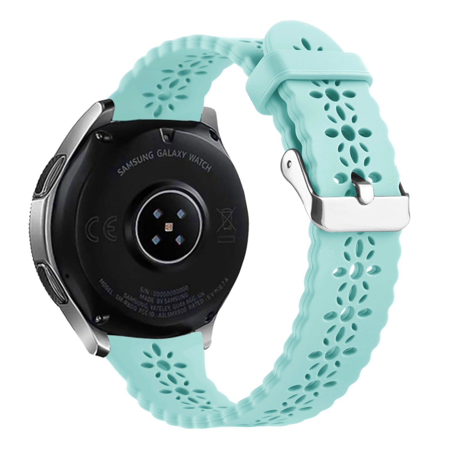 Eine Samsung Galaxy Watch mit hellblauem Armband mit floralem Muster. Die Uhr ist schwarz und silber. Das Armband ist befestigt.