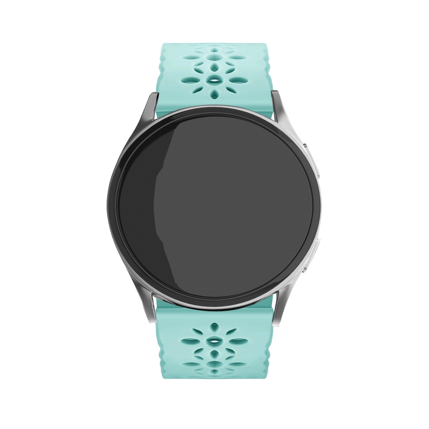Eine runde Smartwatch mit schwarzem Bildschirm und hellblau perforiertem Armband. Die Uhr ist silberfarben.