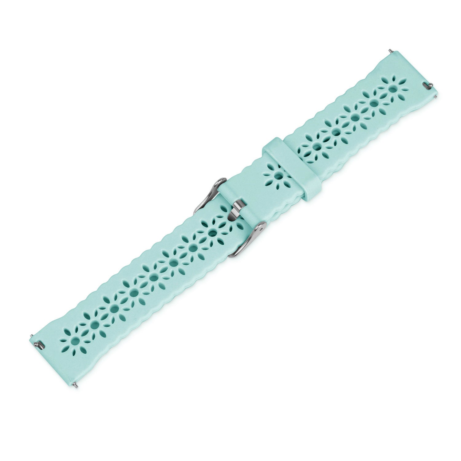 Ein helltürkisfarbenes Uhrenarmband mit floralen Aussparungen und Metallschnallen, isoliert auf weißem Hintergrund.