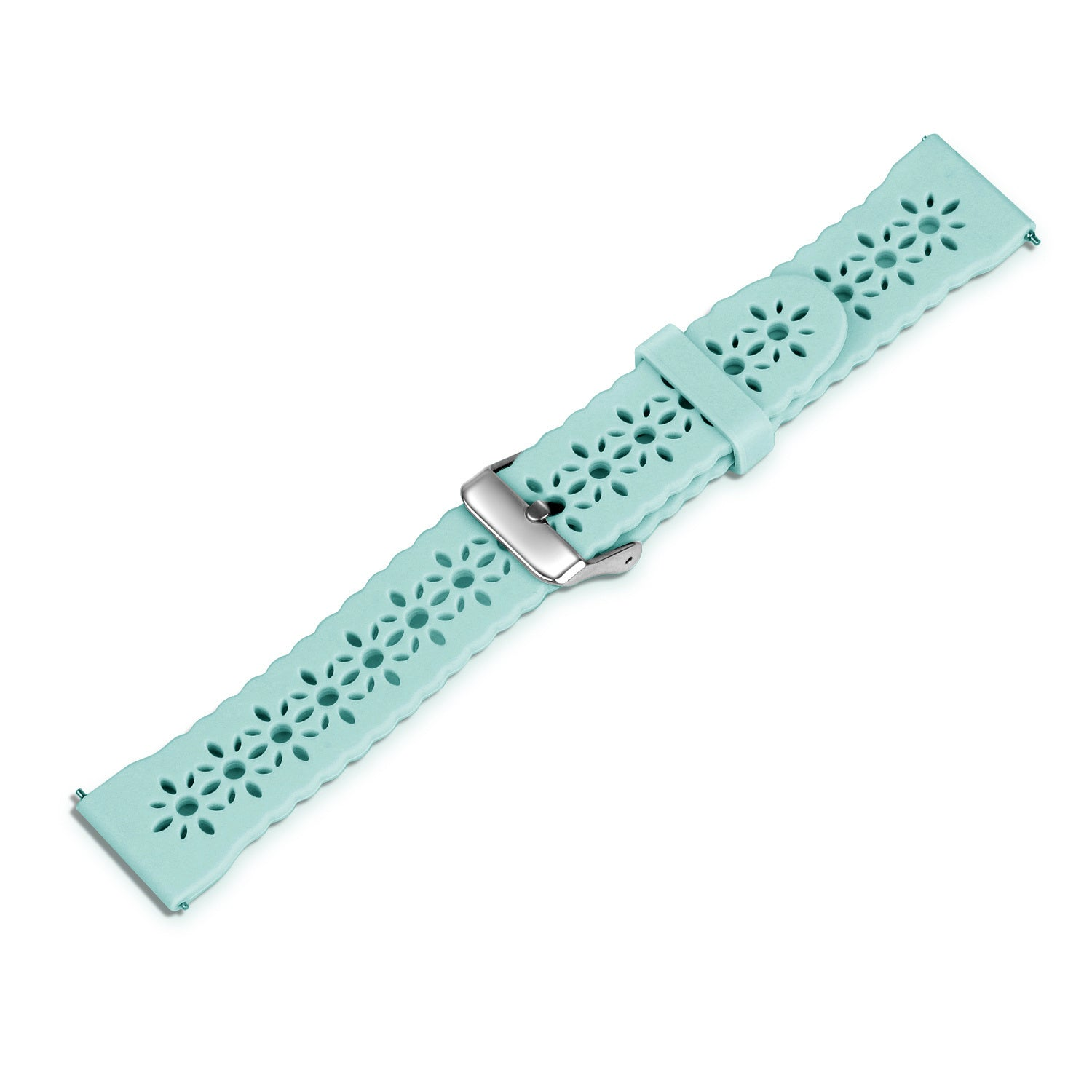 Ein hellblaues Uhrenarmband mit blütenförmigen Aussparungen und einer silbernen Schnalle. Das Armband liegt auf weißem Grund.