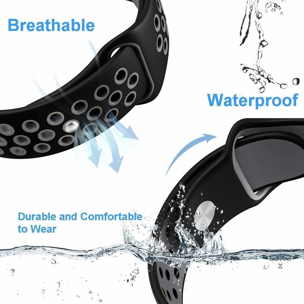 Schwarzes Uhrenarmband mit Perforationen und Wasserspritzern. Text zeigt, dass es atmungsaktiv, wasserdicht und bequem ist.