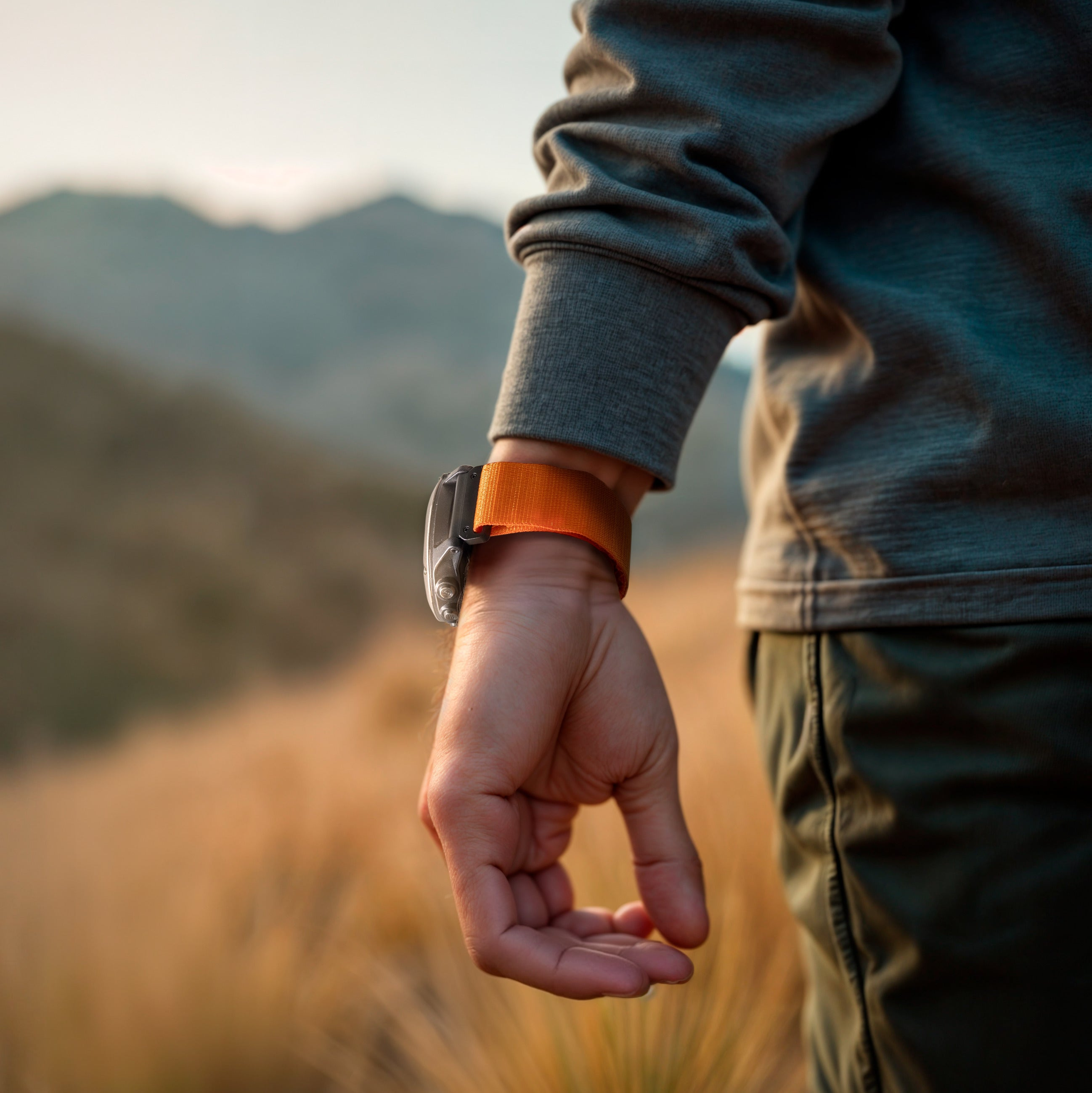 Arm einer Person mit orangefarbenem Uhrenarmband. Im Hintergrund sind Feld und Berge zu sehen.