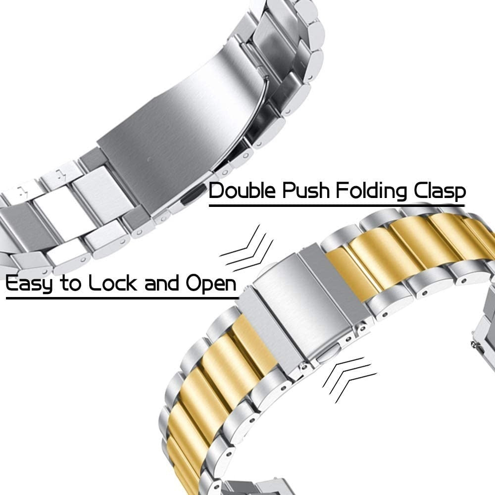 Detail des Uhrenarmbands. Silberne und goldene Metallglieder mit Text: 'Double Push Folding Clasp' und 'Easy to Lock and Open' mit Pfeilen.