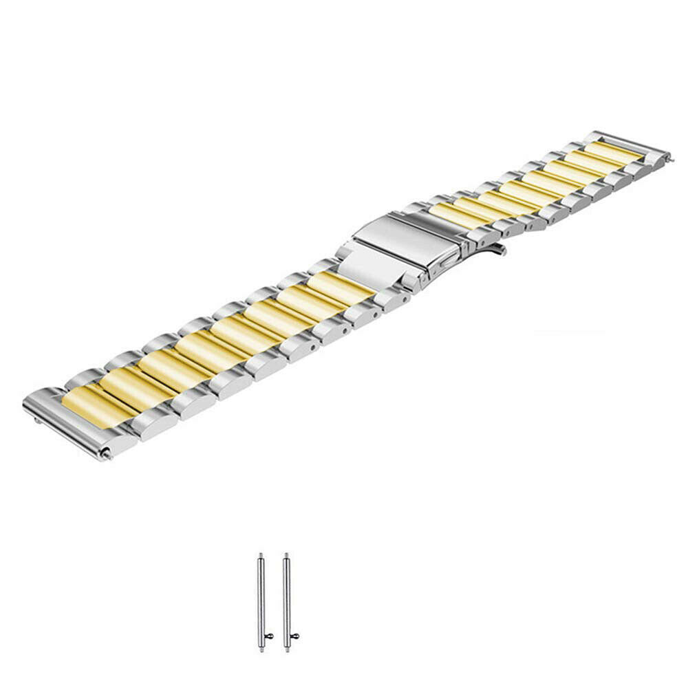 Uhrarmband, gold- und silberfarbene Glieder, mit Verschluss. Zwei kleine Stifte befinden sich unten. Weißer Hintergrund.