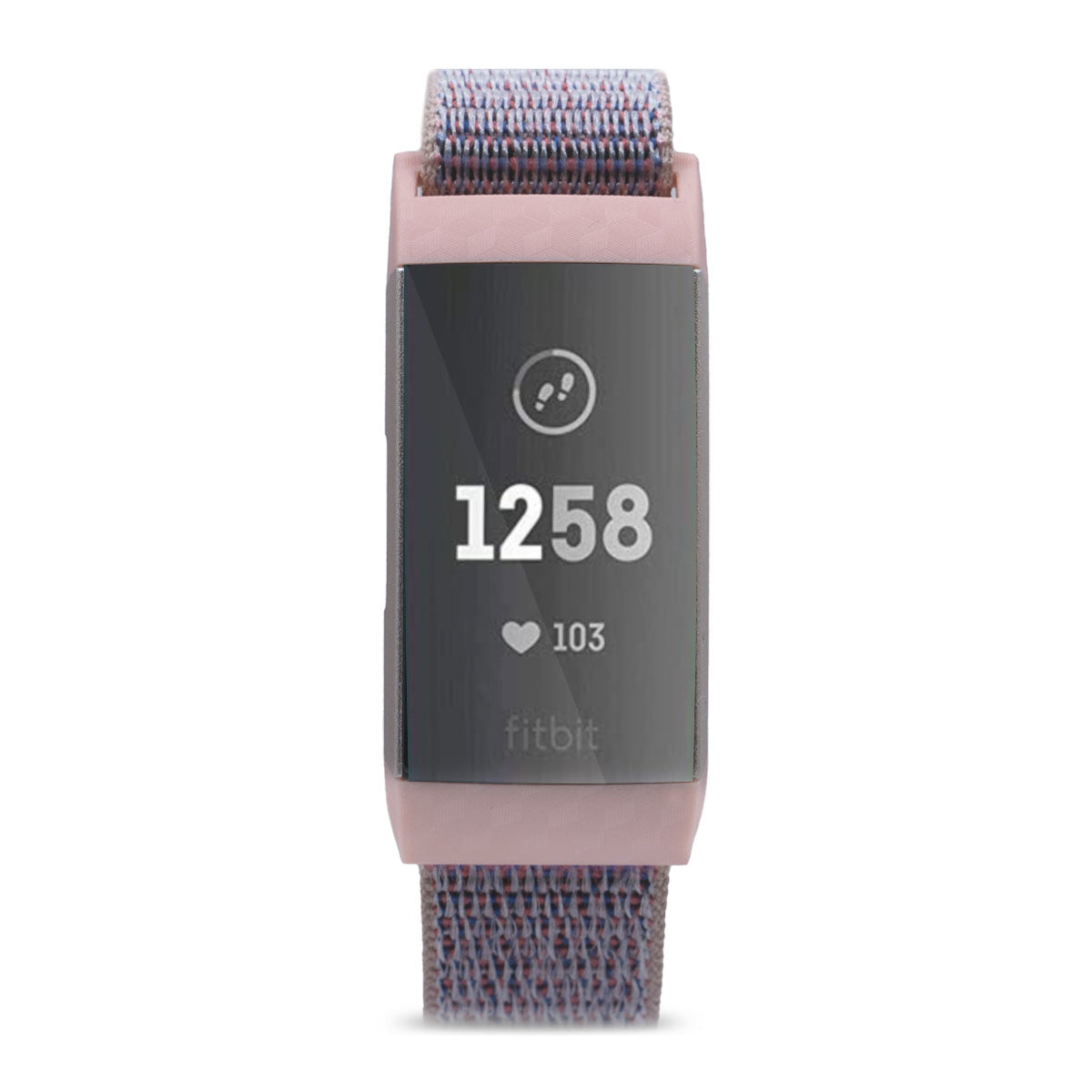 Ein Fitbit-Aktivitätstracker mit rosa Armband und digitaler Anzeige von Schritten, Herzfrequenz und Uhrzeit. Das Band ist Stoff.