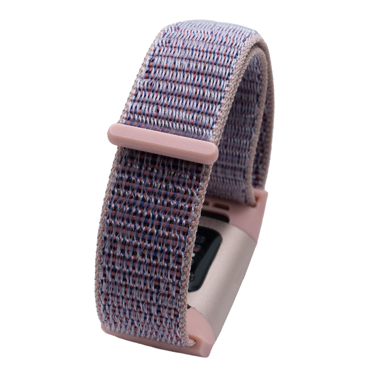 Ein Armband für eine Smartwatch, rosa und gewebt mit blauen, roten und weißen Fäden. Es hat einen rosafarbenen Verschluss und eine metallische Basis, vor weißem Hintergrund.