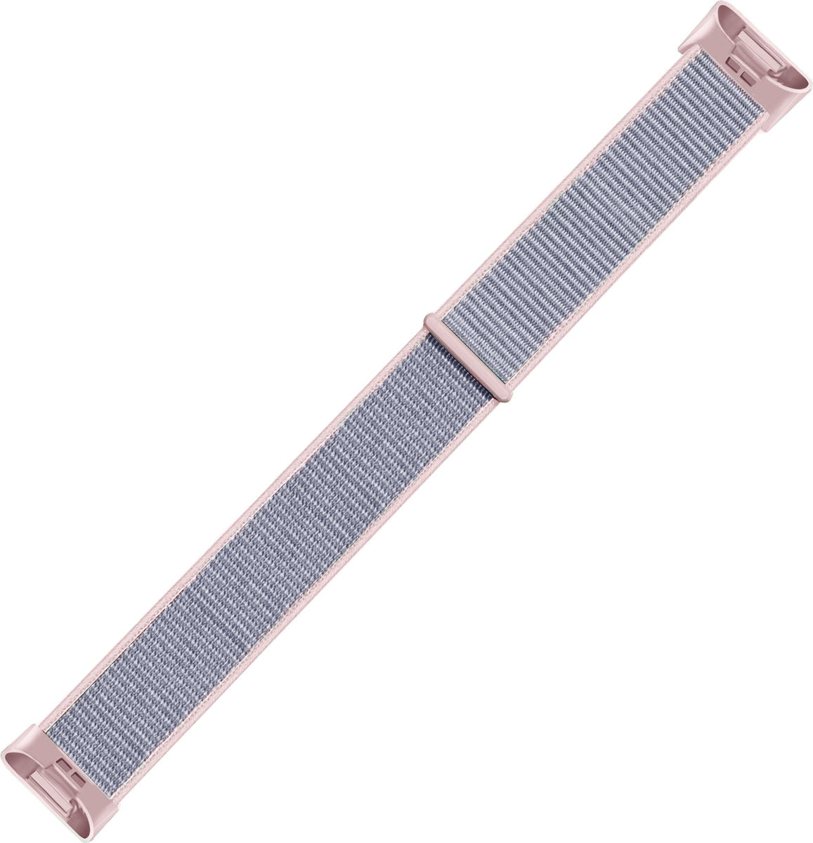 Ein Uhrenarmband. Es ist grau und rosa und hat eine gewebte Textur. Das Armband ist diagonal vor einem weißen Hintergrund positioniert.