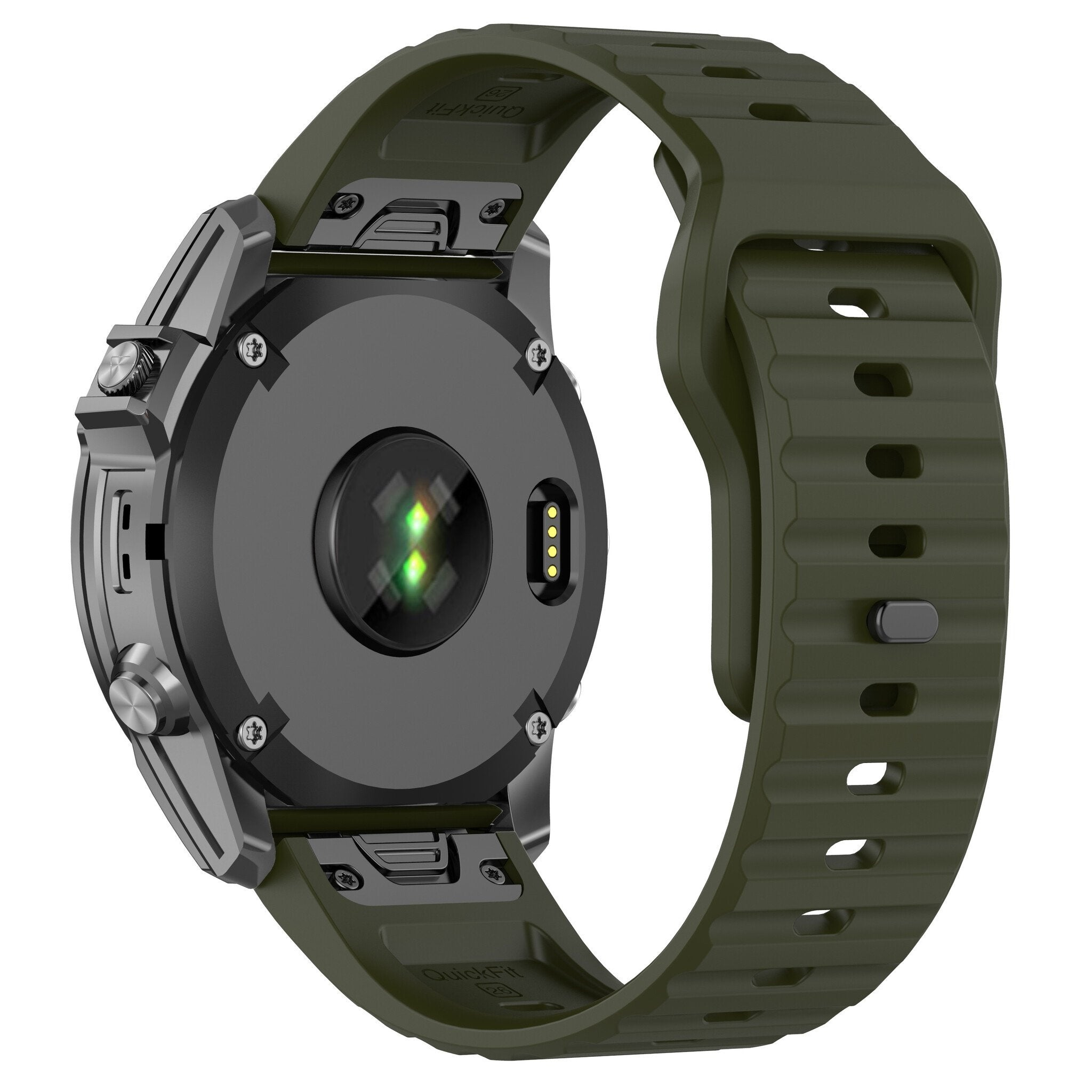 Eine Smartwatch mit grünem Armband wird von hinten gezeigt. Die Uhr ist schwarz und silber, mit grünem Armband und Herzfrequenzsensor.